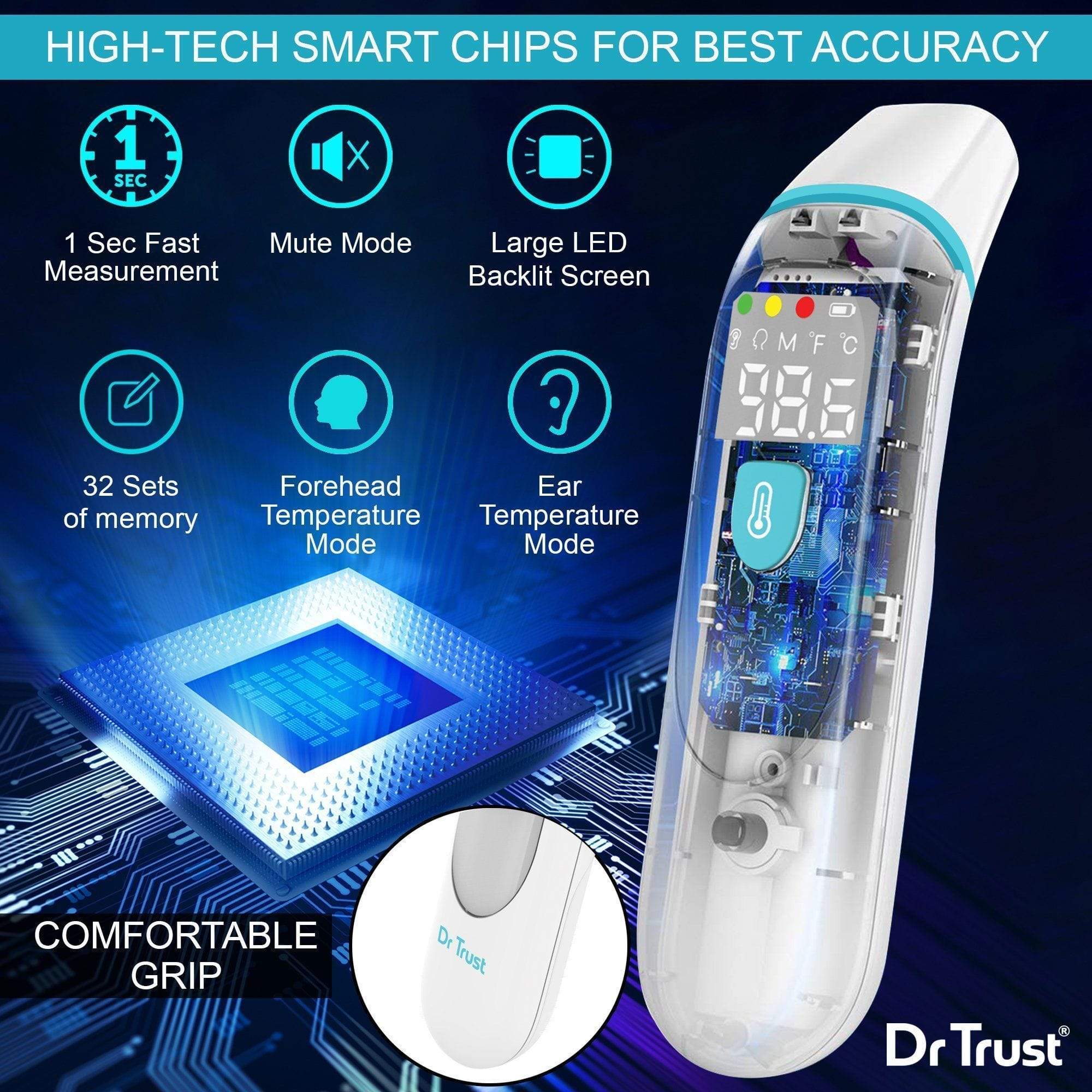 Dr Trust USA Homedoc PRO 602 Non-Contact Infrared Forehead & Ear Thermometer - Fast, Accurate Digital Temperature Reading for Babies, Kids & Adults - Perfect for Home, Travel & Medical Use