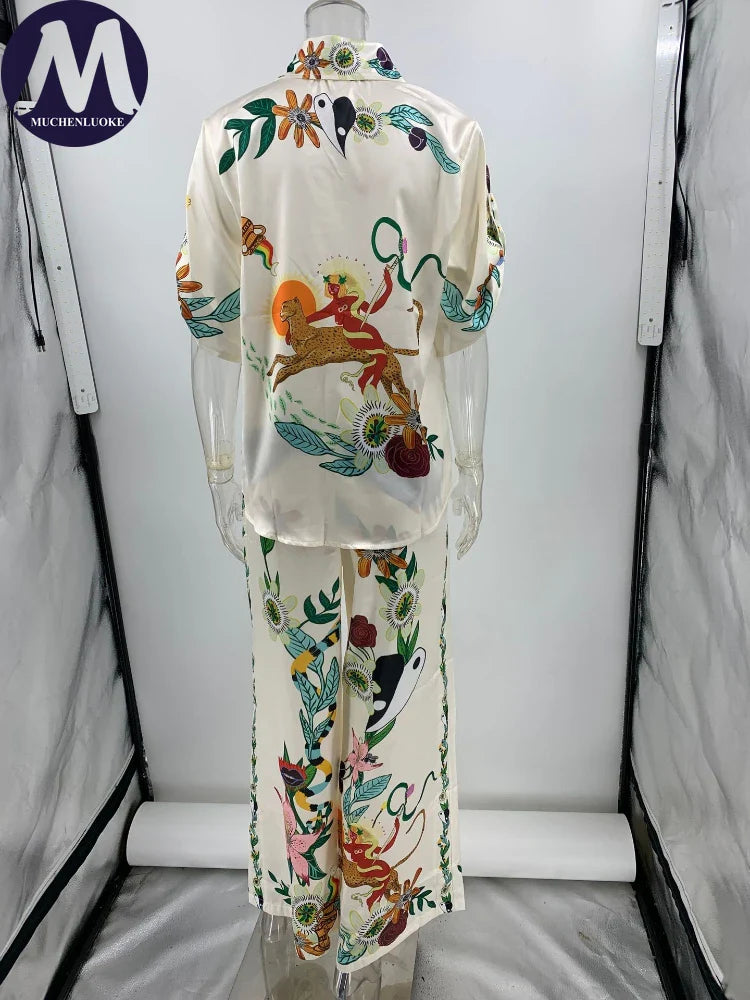 2 Piece Women's Outfit - Bohemian Print Half Sleeve Shirt & Wide Leg Pant Set | Summer Casual Loose Fit Matching Set for Beach, Vacation & Everyday Wear