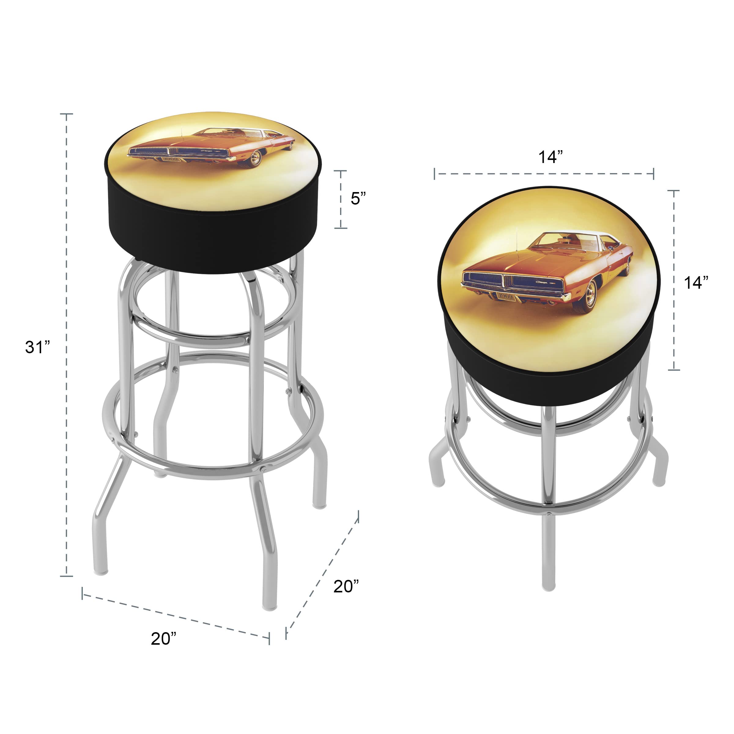 Trademark Gameroom 69 Charger Dodge Padded Swivel Bar Stool - Comfortable Adjustable Height Bar Stool for Home Bar, Game Room, and Kitchen Counter Use