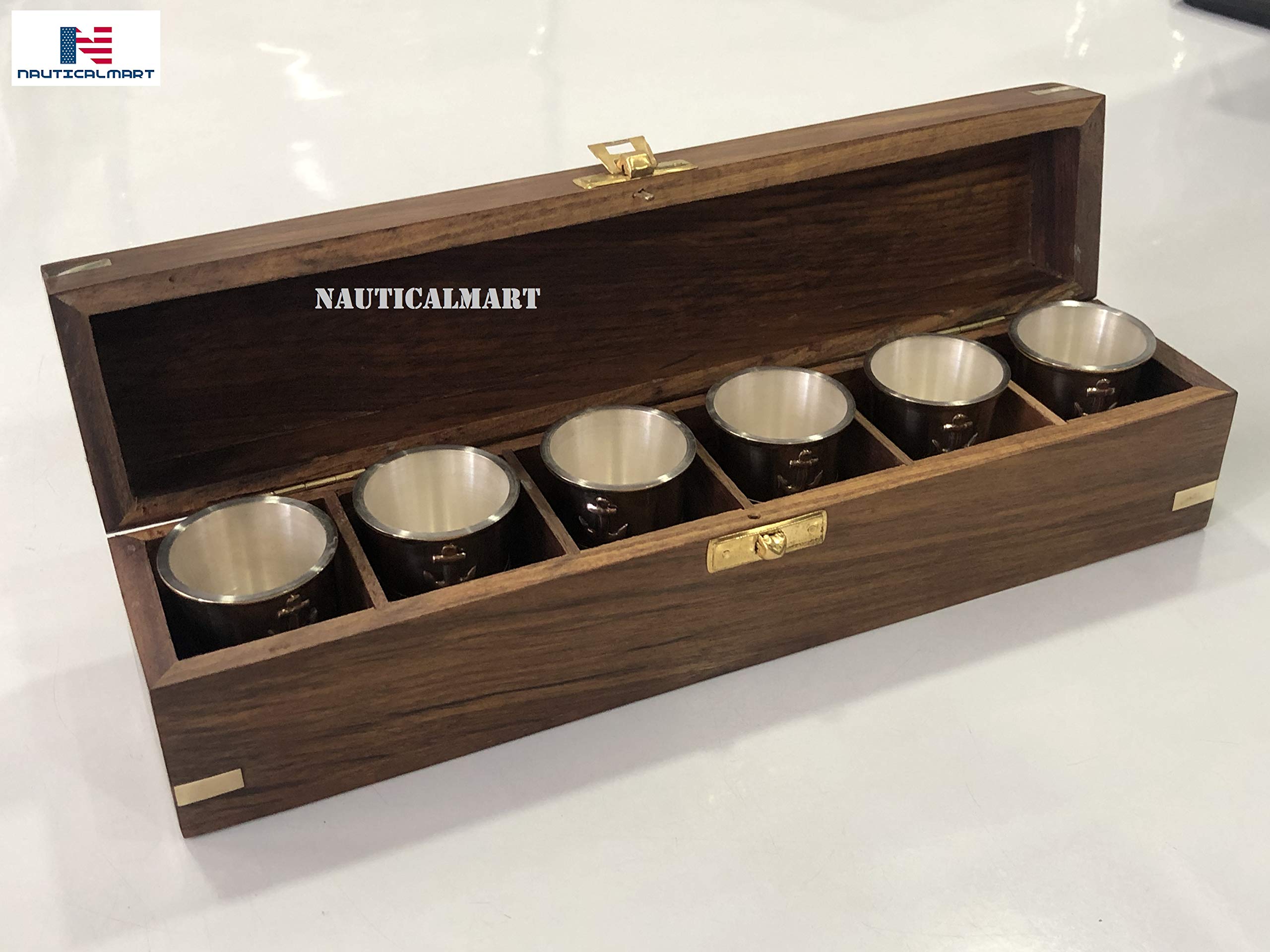 Premium Brass Tequila Shot Glasses Set of 6 with Anchor Engraving - Handcrafted Wooden Gift Box - Perfect for Nautical Themed Parties, Bachelor Celebrations & Home Bar Decor