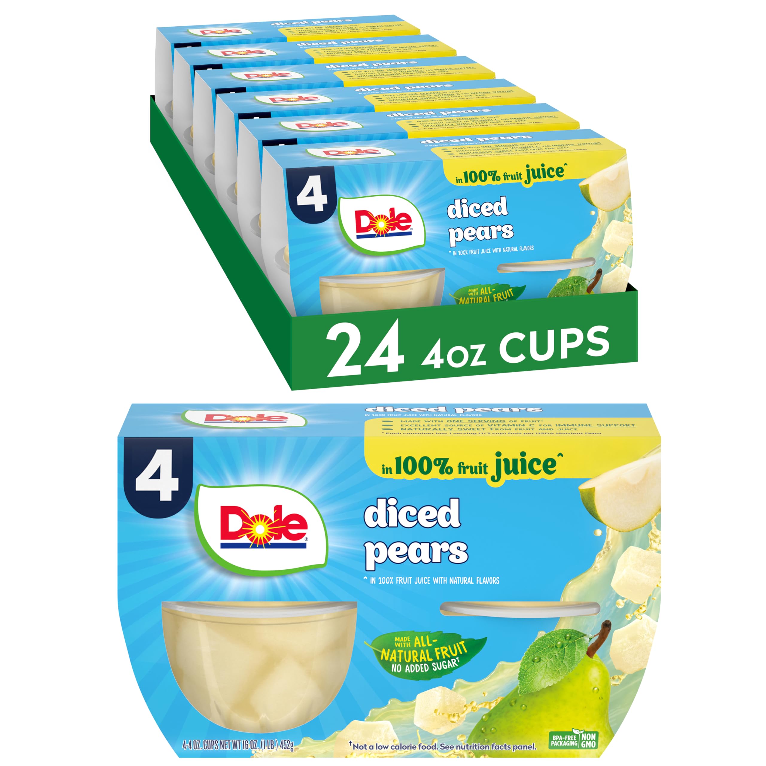 Dole Fruit Bowls Diced Pears in 100% Fruit Juice, 4oz (24 Cups) - Gluten Free, Dairy Free, Healthy Snacks for Kids & Adults - Perfect for School Lunches, Office Snacks & On-the-Go Nutrition