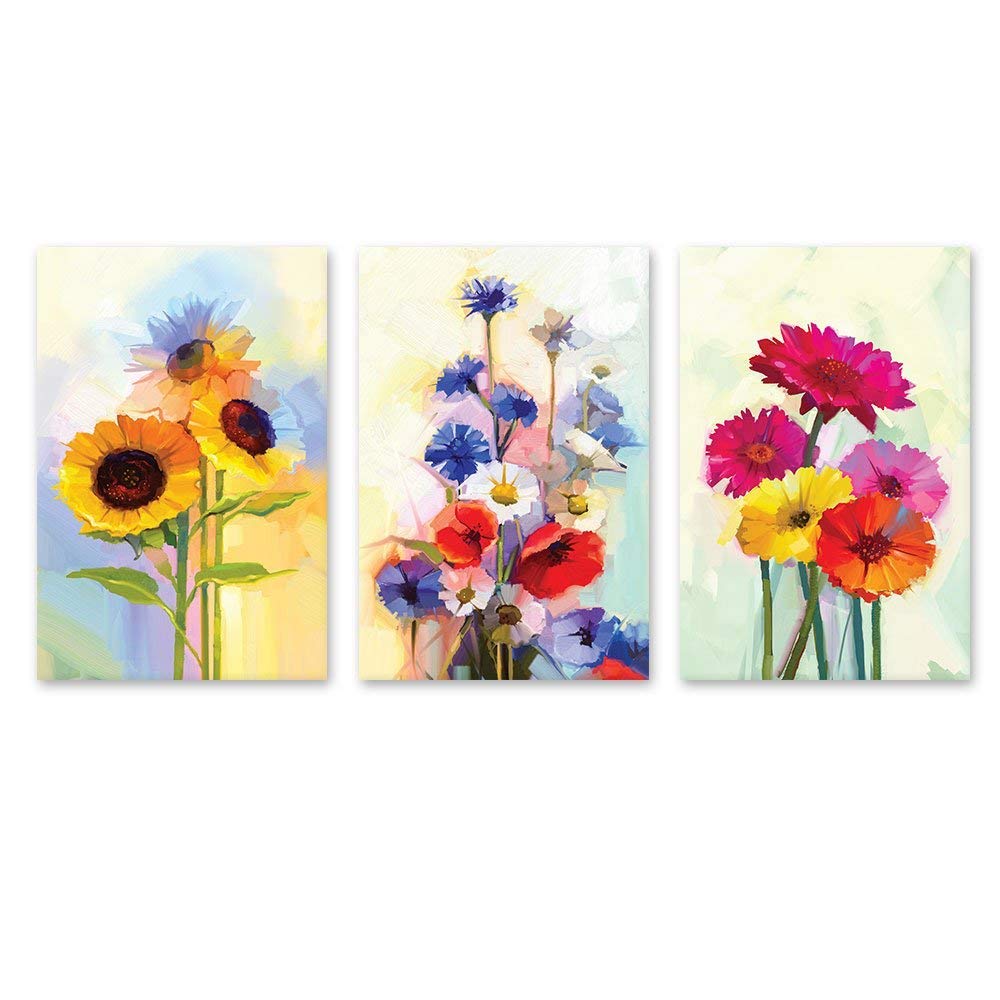 Wall26 - 3 Panel Floral Canvas Wall Art - Oil Painting Style Colorful Flowers Giclee Print - Modern Home Decor for Living Room, Bedroom & Office - Ready to Hang 24
