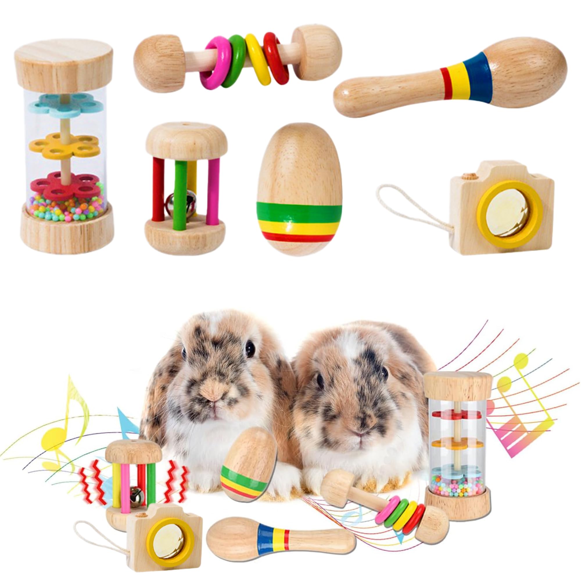 6 Pcs Wooden Bunny Chew Toys for Small Pets - Safe & Bite-Resistant Rabbit Toys for Chinchillas, Hamsters, Guinea Pigs - Natural Teeth Grinding & Playtime Fun - Perfect for Indoor & Outdoor Use, Cage Enrichment, and Small Animal Dental Care