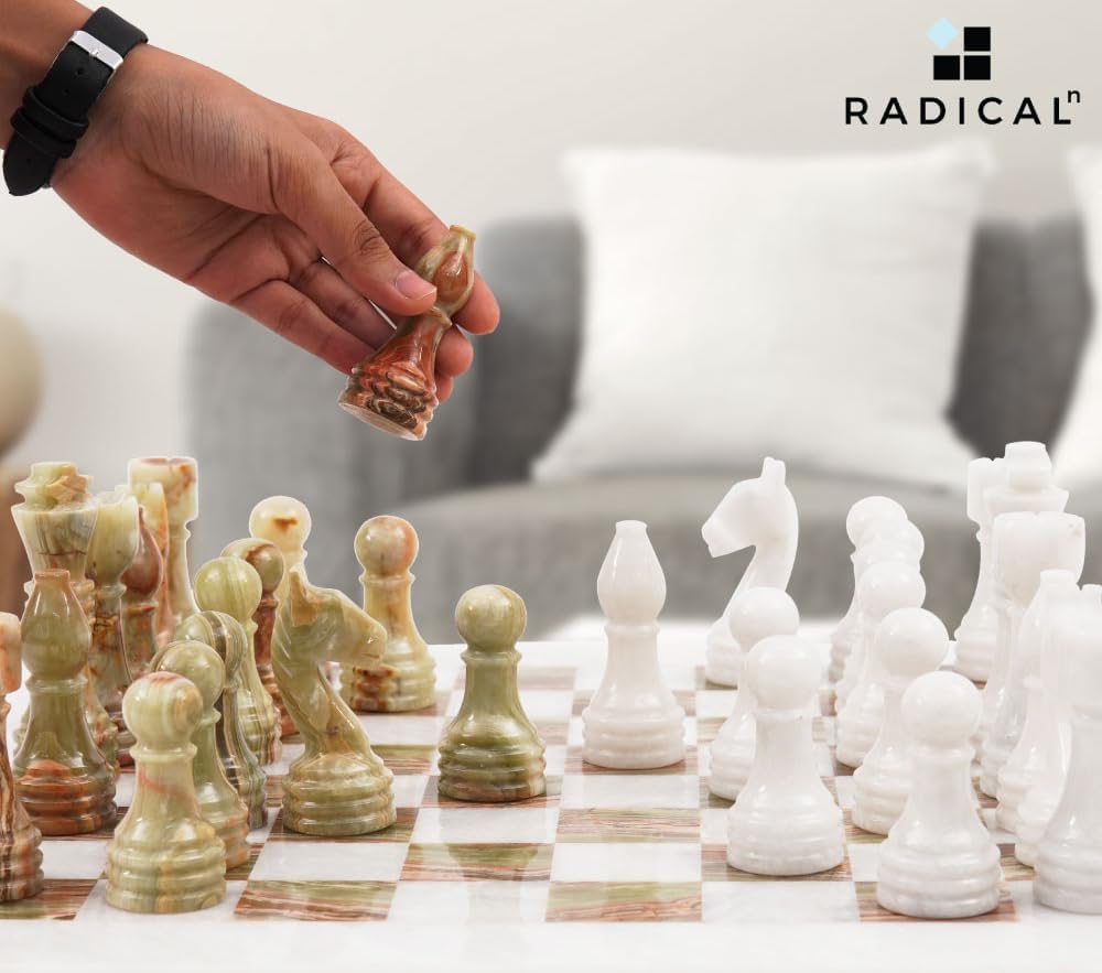 Premium 15-Inch White & Green Onyx Handmade Marble Chess Set with Storage Box - Classic 2-Player Board Game for Adults (Includes 1 Chess Board & 32 Pieces) - Perfect for Home Decor, Gifts, and Strategy Game Lovers