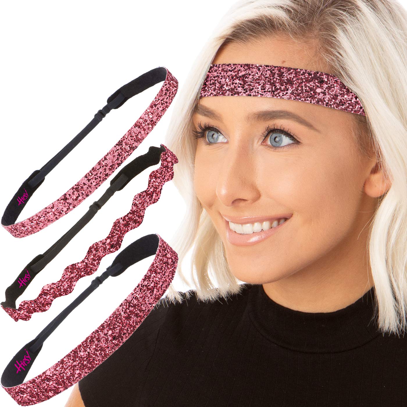 Sparkly Bling Adjustable No-Slip Headbands for Women, Girls & Teens - Petite Size, 3-Pack (Bling Glitter Mixed Pink Rose) - Perfect for School, Sports, Parties & Everyday Wear
