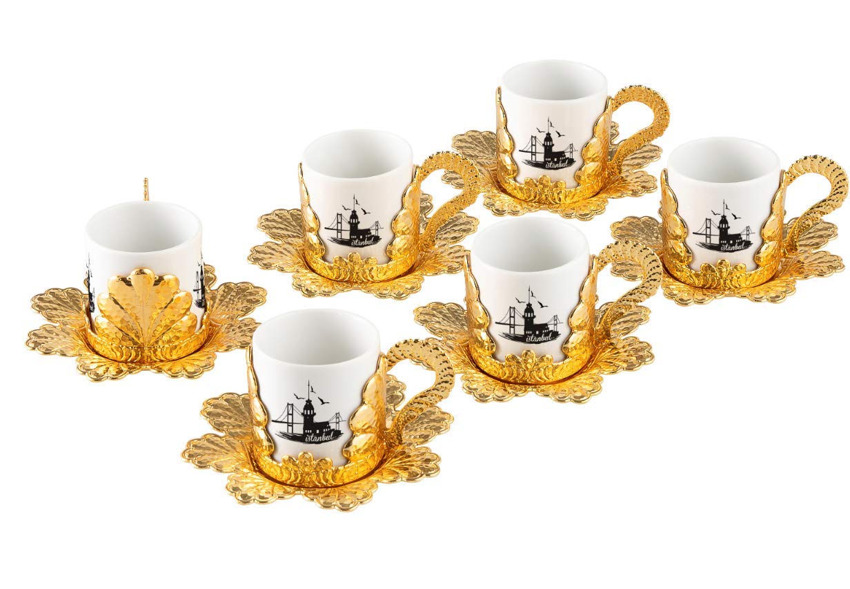 LaModaHome Maiden's Tower Printed Coffee Cup and Saucer Set - 6-Piece Porcelain Turkish Arabic Greek Coffee Cups for Women, Men & Guests | Elegant Gold/White Design | Perfect for Home, Office, Weddings & Gift Giving