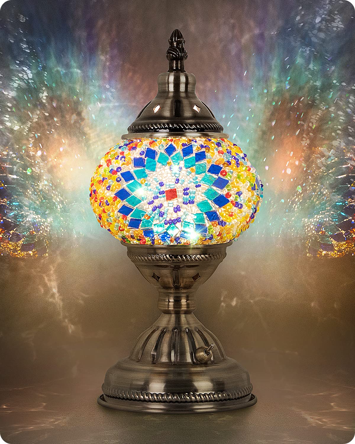Handmade Turkish Moroccan Tiffany Mosaic Glass Lamp with Bronze Base - Portable Rechargeable Bedside Lamp (2000mAh Battery & LED Bulb Included) - Perfect for Home Decor, Living Room, Bedroom, and Outdoor Ambiance Lighting