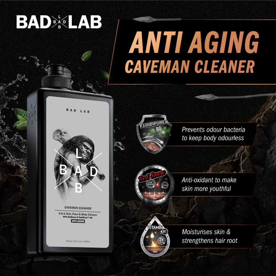 Bad Lab Anti-Aging 3-in-1 Caveman Cleaner for Face, Body & Hair | Men's Shower Gel with Vitamin E, Fluidipure™ 8G & Red Snow Extract | pH Balancing, Antioxidant & Odor Control | 400ml | Perfect for Gym, Travel & Daily Skincare Routine