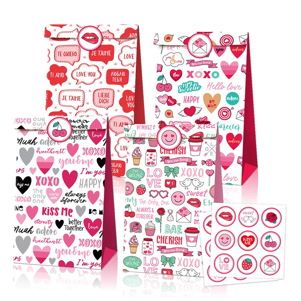12pcs Valentine's Day Gift Bags - Heart Shaped Goodie Bags for Candy, Treats & Small Gifts | Perfect for Boyfriend, Girlfriend & Couples | Includes 2 Sheets of Stickers for Party Decorations | Ideal for Valentine's Day, Anniversaries & Romantic Celebrations