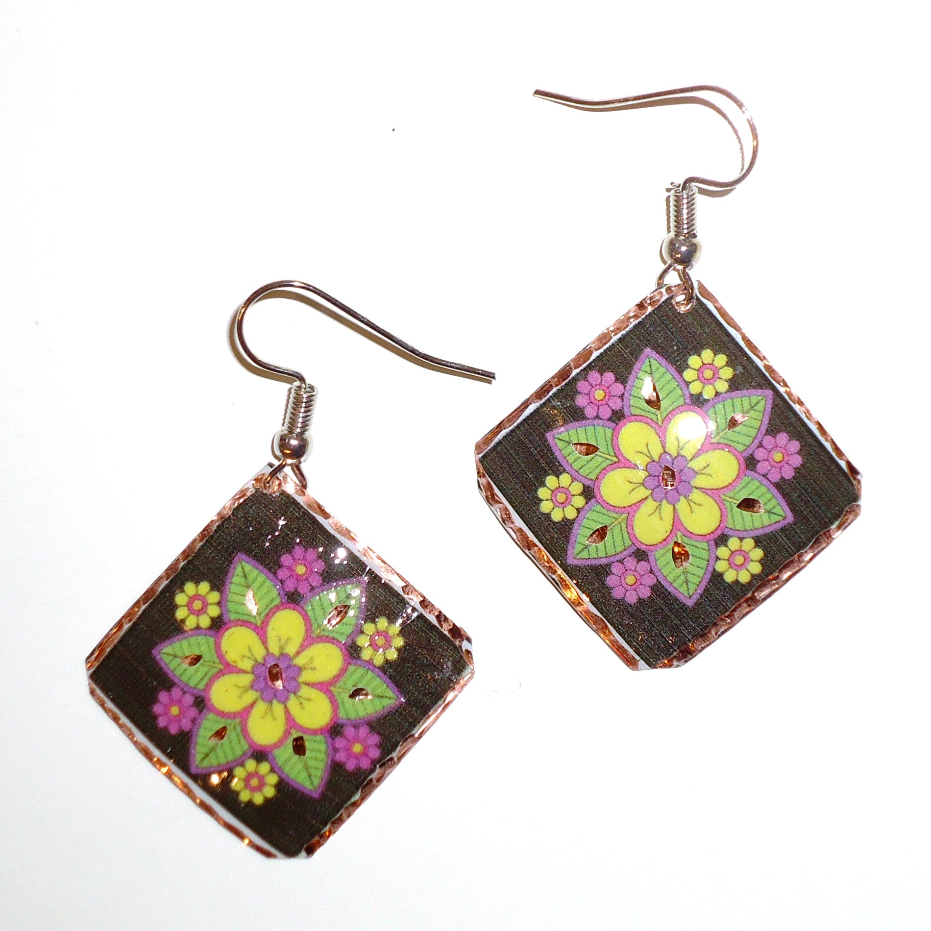 Handmade Etched Copper Floral Earrings with Black Diamonds - Elegant Bohemian Jewelry for Women, Perfect for Weddings, Parties & Special Occasions
