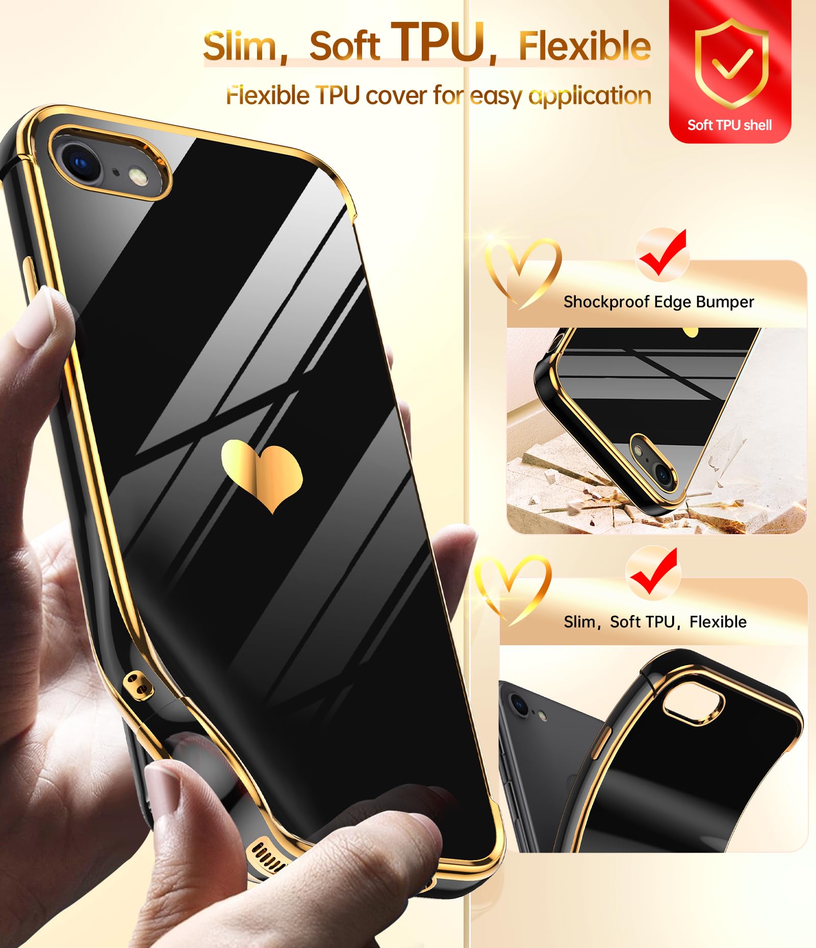 Luxury Bling Heart Soft TPU Phone Case for iPhone 7/8 with 2-Pack Tempered Glass Screen Protector - Cute Girly Women's Protective Cover for Everyday Use, Work & Travel (Black)