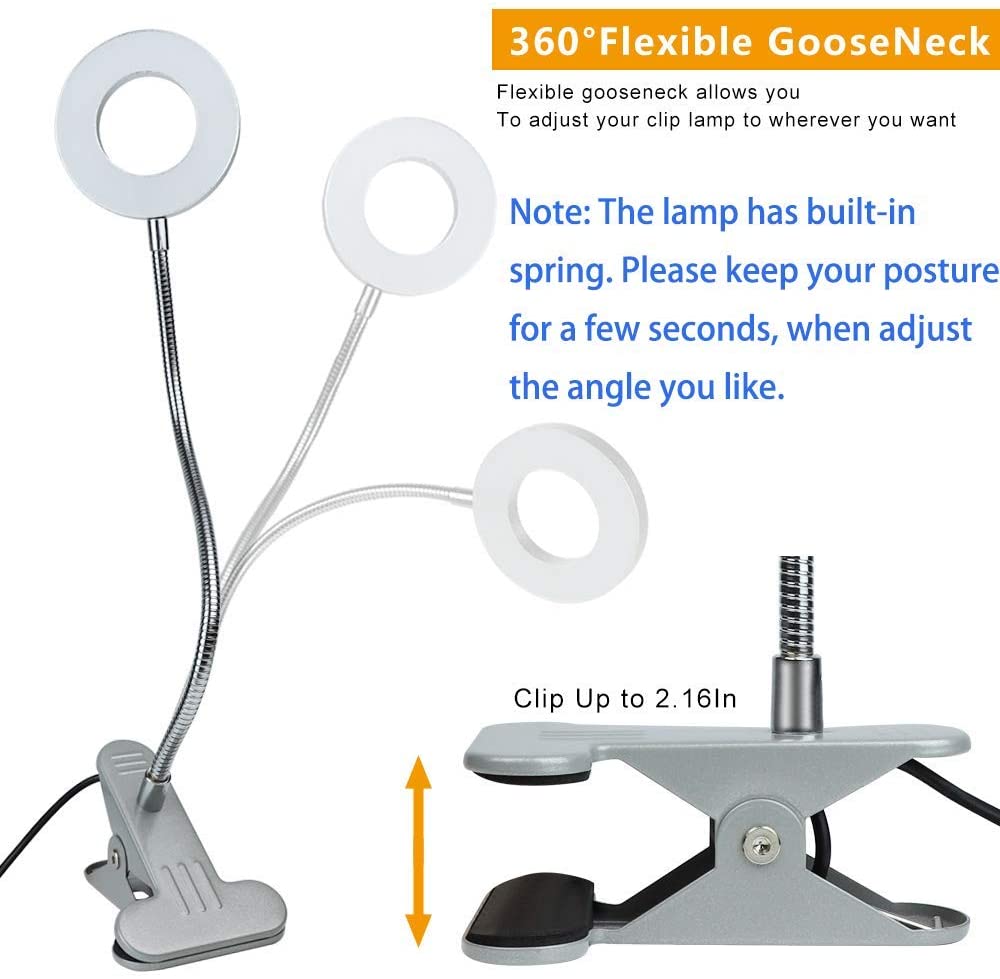 Depuley Dimmable Clip On Reading Light - 48 LED USB Bedside Lamp with 3 Color Modes & 15 Brightness Levels, Flexible Clamp Book Light for Makeup Mirror, Desk, Headboard, Piano, Computer - Perfect for Night Reading, Studying, and Crafting