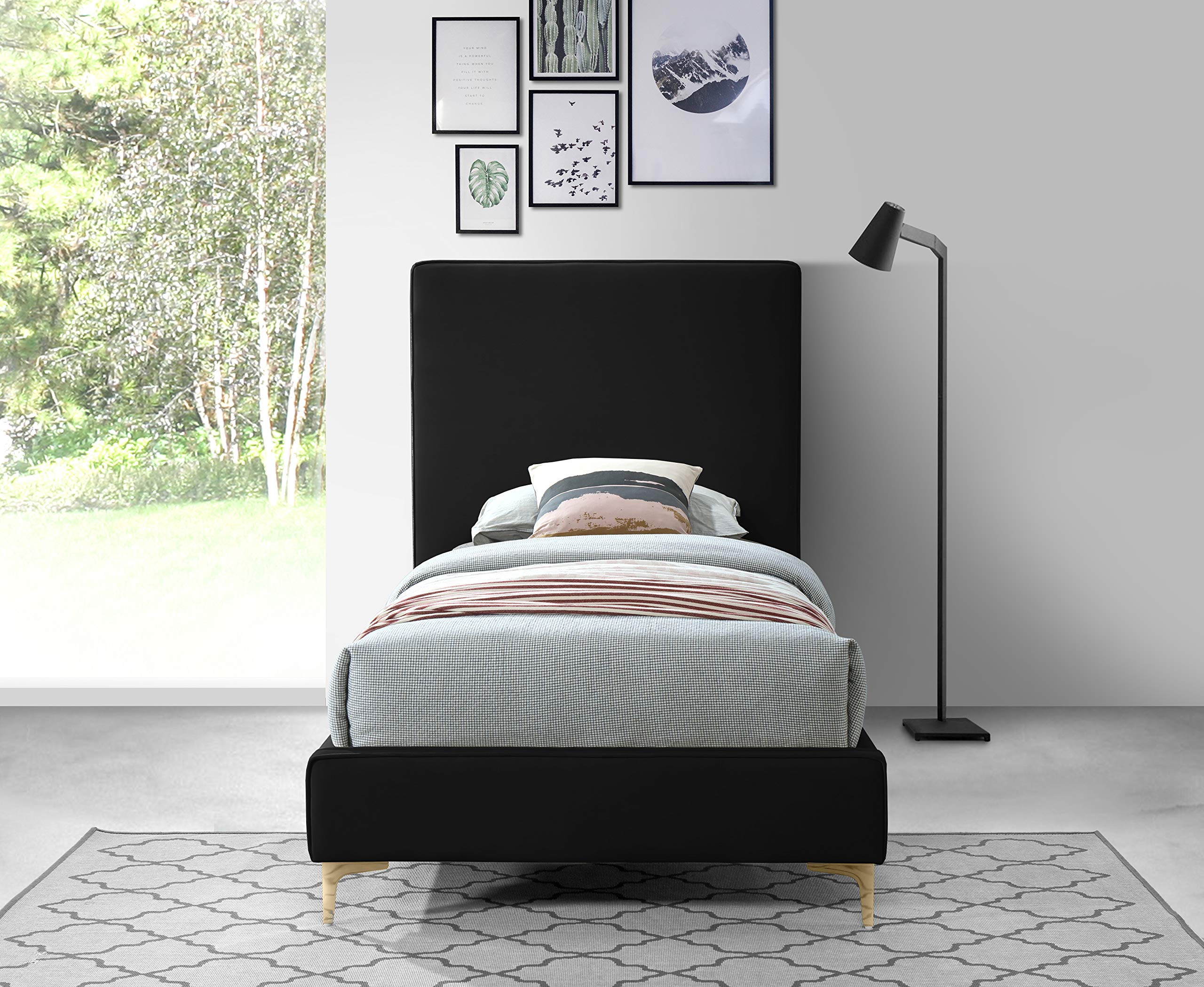 Modern Velvet Upholstered Bed with Gold/Chrome Headboard - Twin Size Black Bed Frame for Contemporary Bedrooms | Meridian Furniture Geri Collection