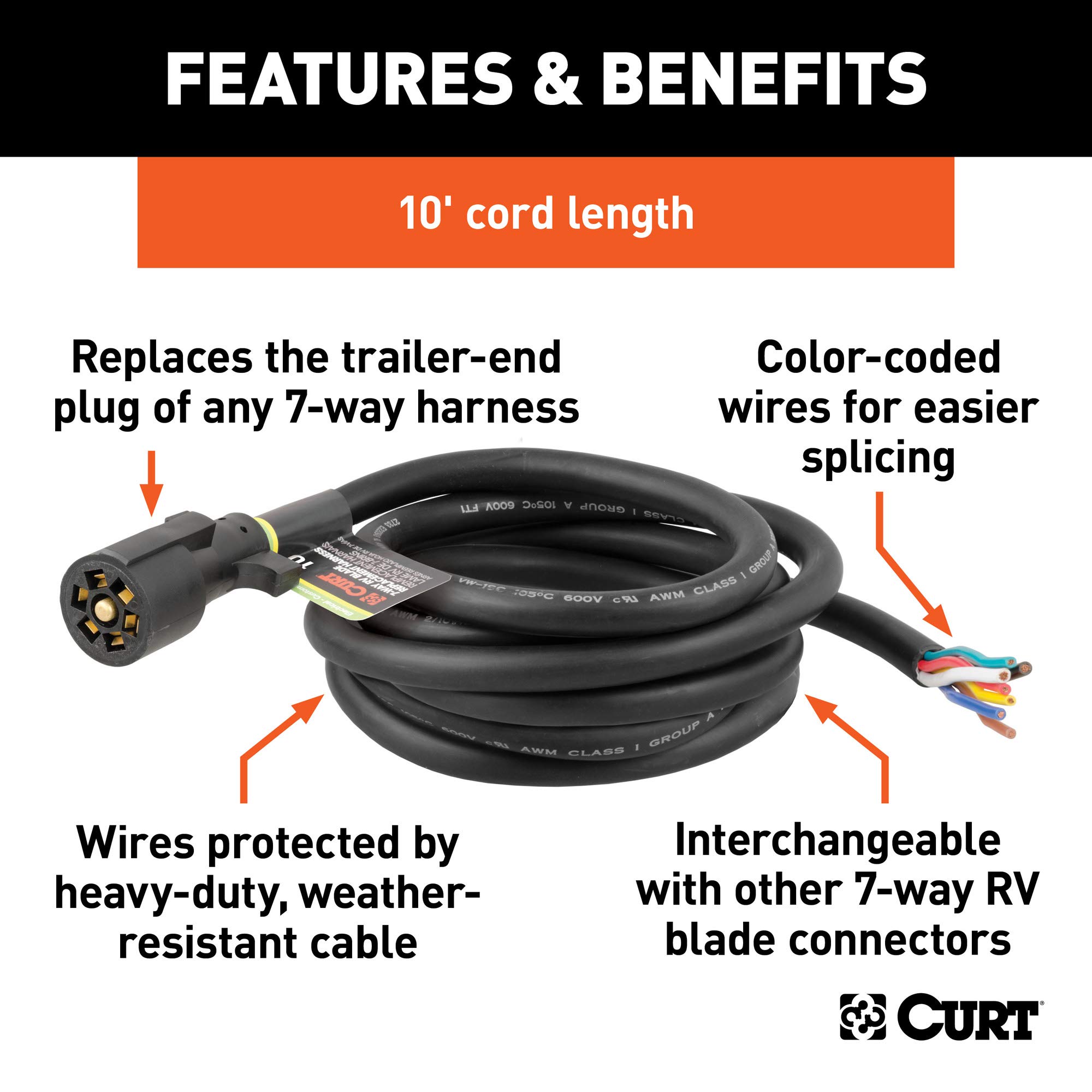 CURT 56623 7-Pin RV Blade Trailer Wiring Harness Plug Replacement - 10-Foot Blunt-Cut Wires with Box | Heavy-Duty Towing Connector for Travel Trailers, Campers & Boat Trailers