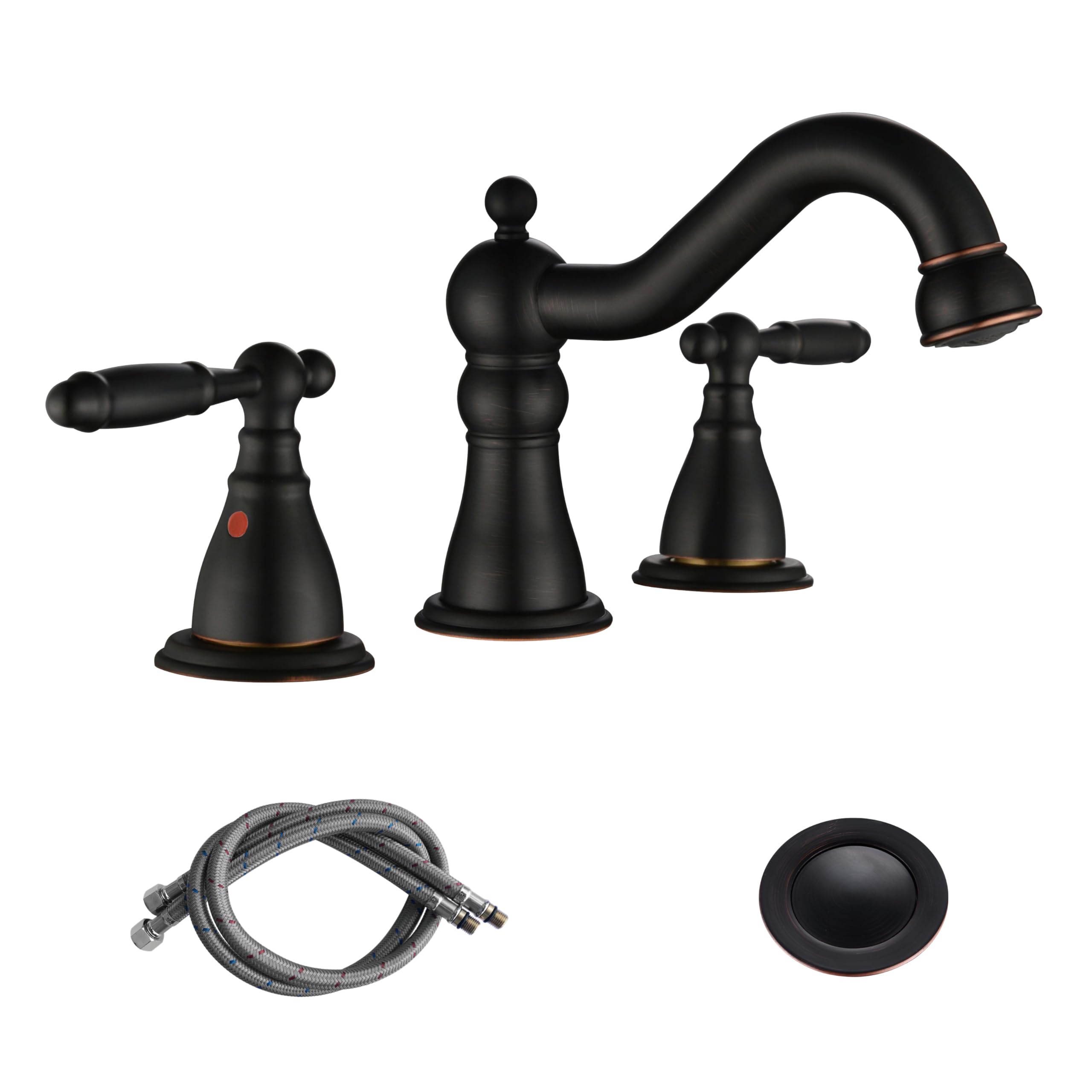 RKF Oil Rubbed Bronze Two Handle Widespread Bathroom Sink Faucet with Pop-up Drain & Supply Hoses - WF013-4 | Perfect for Modern Bathroom Renovation & Vanity Upgrade