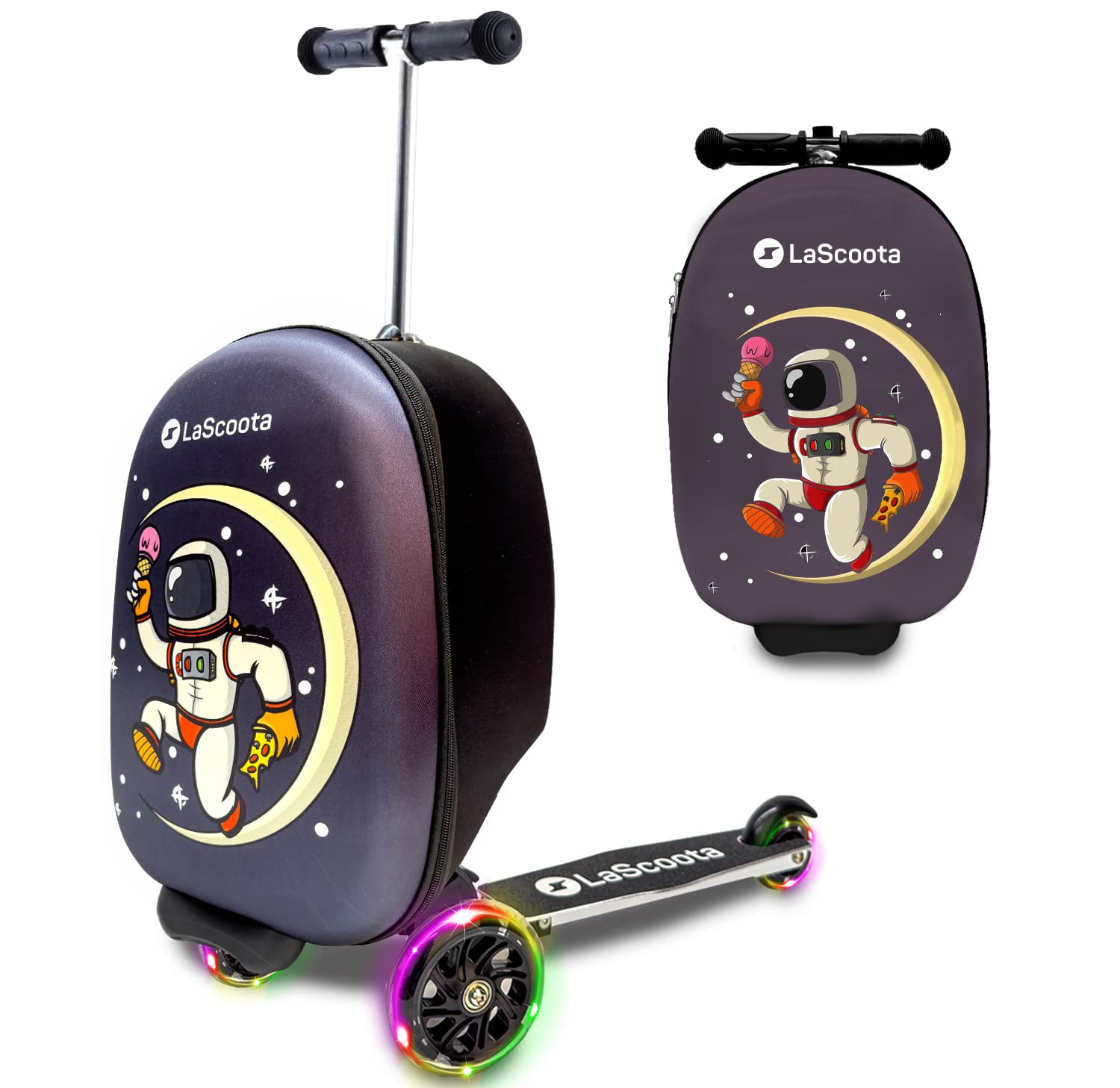 Lascoota Foldable Scooter Suitcase for Kids Ages 2-5 - Lightweight Ride-On Luggage with LED Wheels & Astronaut Design - Perfect for Air Travel, Road Trips & Playtime Adventures