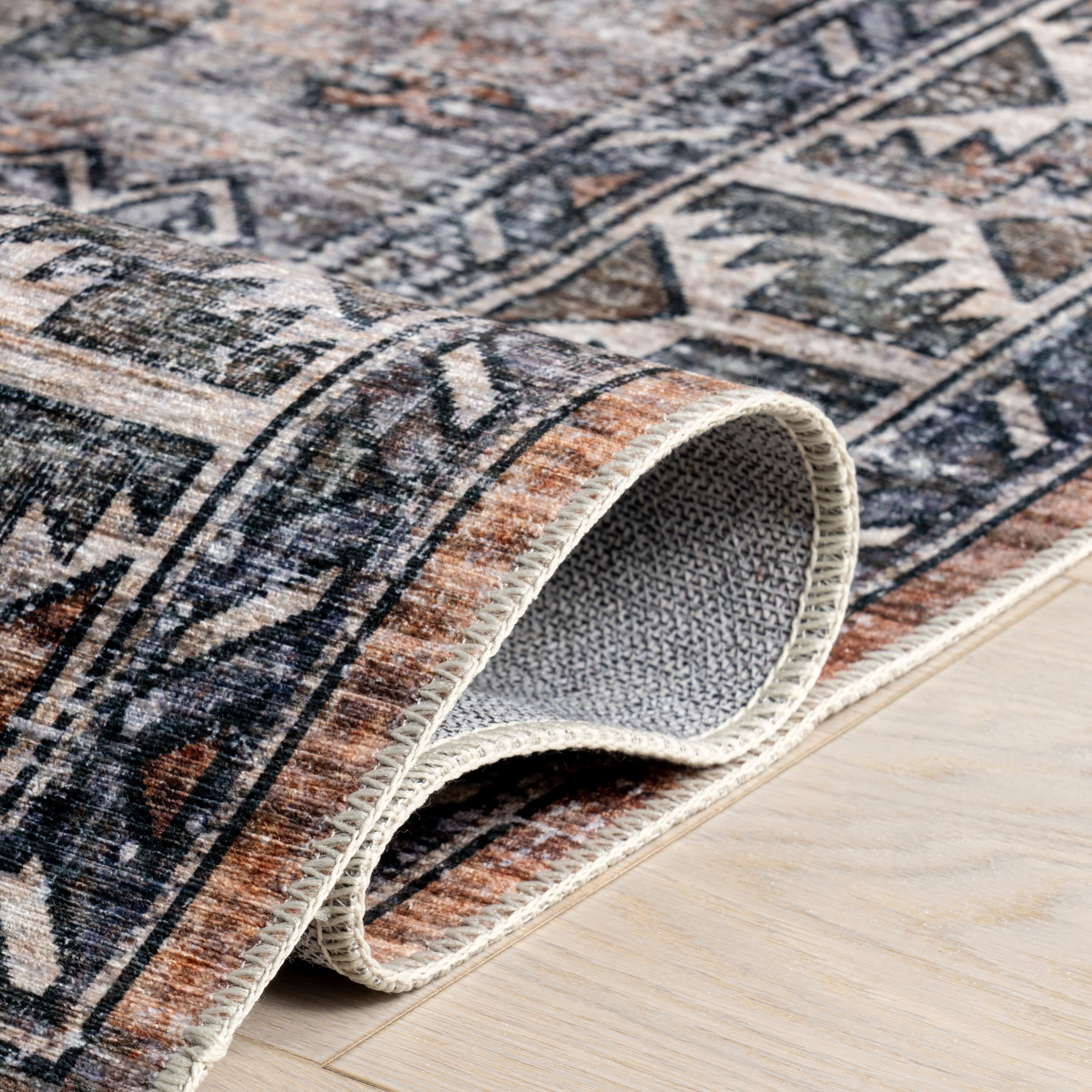 Faded Geometric Spill Proof Washable Rug - Non-Slip Modern Area Rug for Living Room, Bedroom, Kitchen | Rust Color | Perfect for High Traffic Areas & Pet Friendly Homes