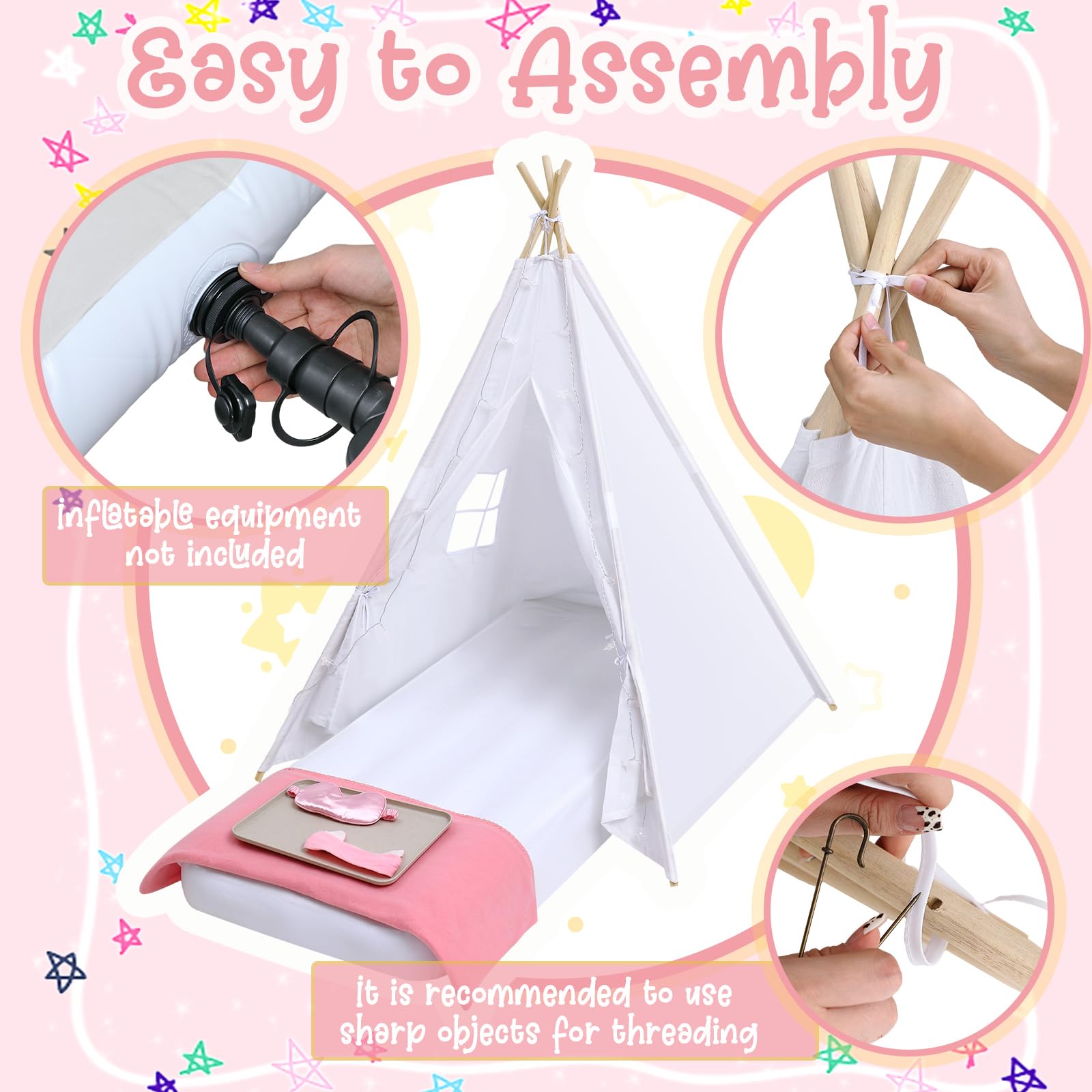 Windyun 4 Pack Kids Teepee Tent Kit with LED Lights, Inflatable Airbed & Fitted Sheet - Washable Play Tent for Boys & Girls, Indoor Outdoor Birthday Gift for Toddlers - Perfect for Slumber Parties, Camping Adventures & Playroom Decor