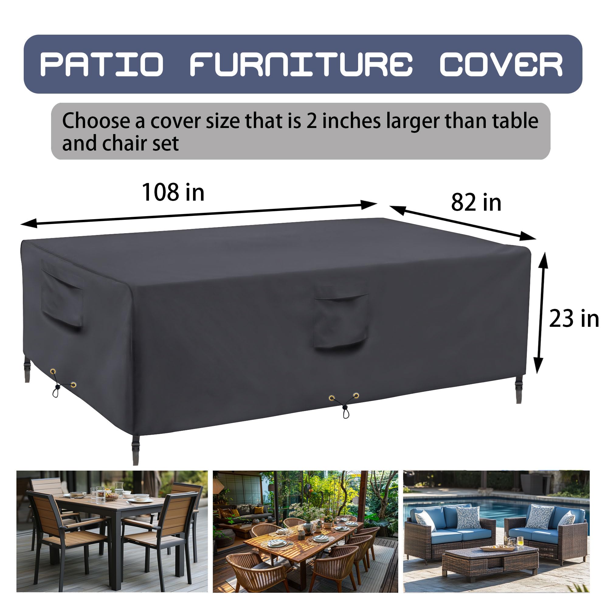 Waterproof 600D Heavy Duty Round Patio Table Cover - Outdoor Dining Table and Chairs Set Protector, Grey (108 x 82 x 23in) - Perfect for Backyard, Garden, and Patio Furniture Protection