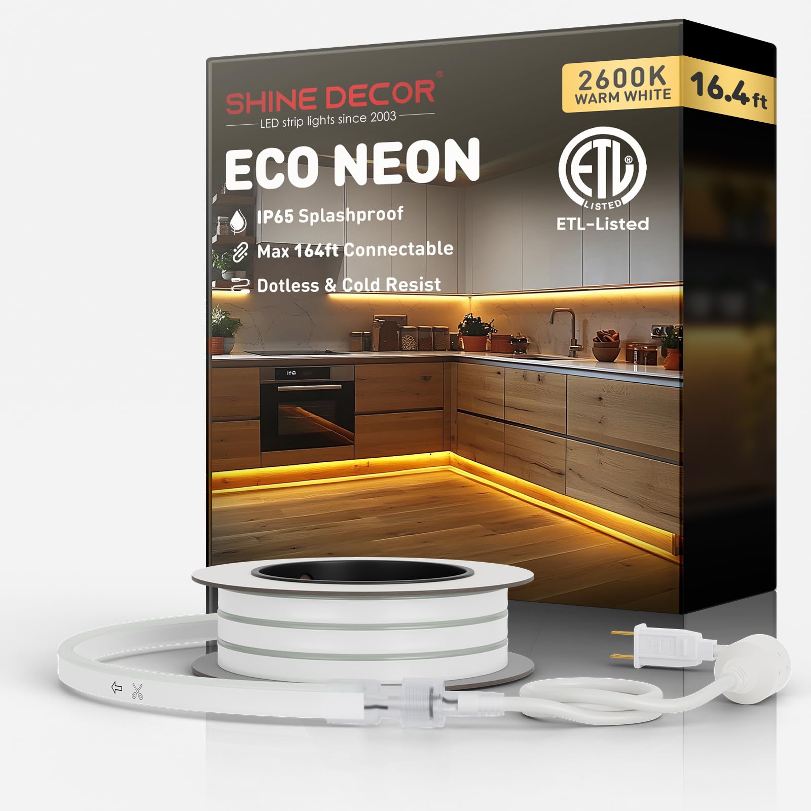 Shine Decor LED Rope Lights 16.4FT Warm White 2600K - Waterproof IP65 Connectable & Cuttable Dotless Neon Strip Lighting for Indoor/Outdoor Use - Perfect for Home Decor, Commercial Signs, Parties & Landscape Lighting