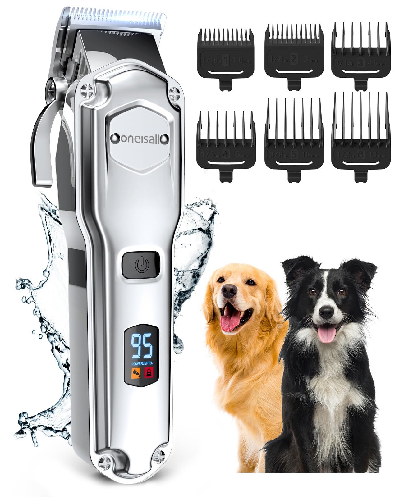 Oneisall Low Noise Rechargeable Cordless Dog Clippers for Thick Heavy Coats - Professional Stainless Steel Blade Pet Grooming Shaver - Waterproof Dog Trimmer for Dogs, Cats & Small Animals (Silver) | Perfect for Home Grooming & Professional Pet Salons