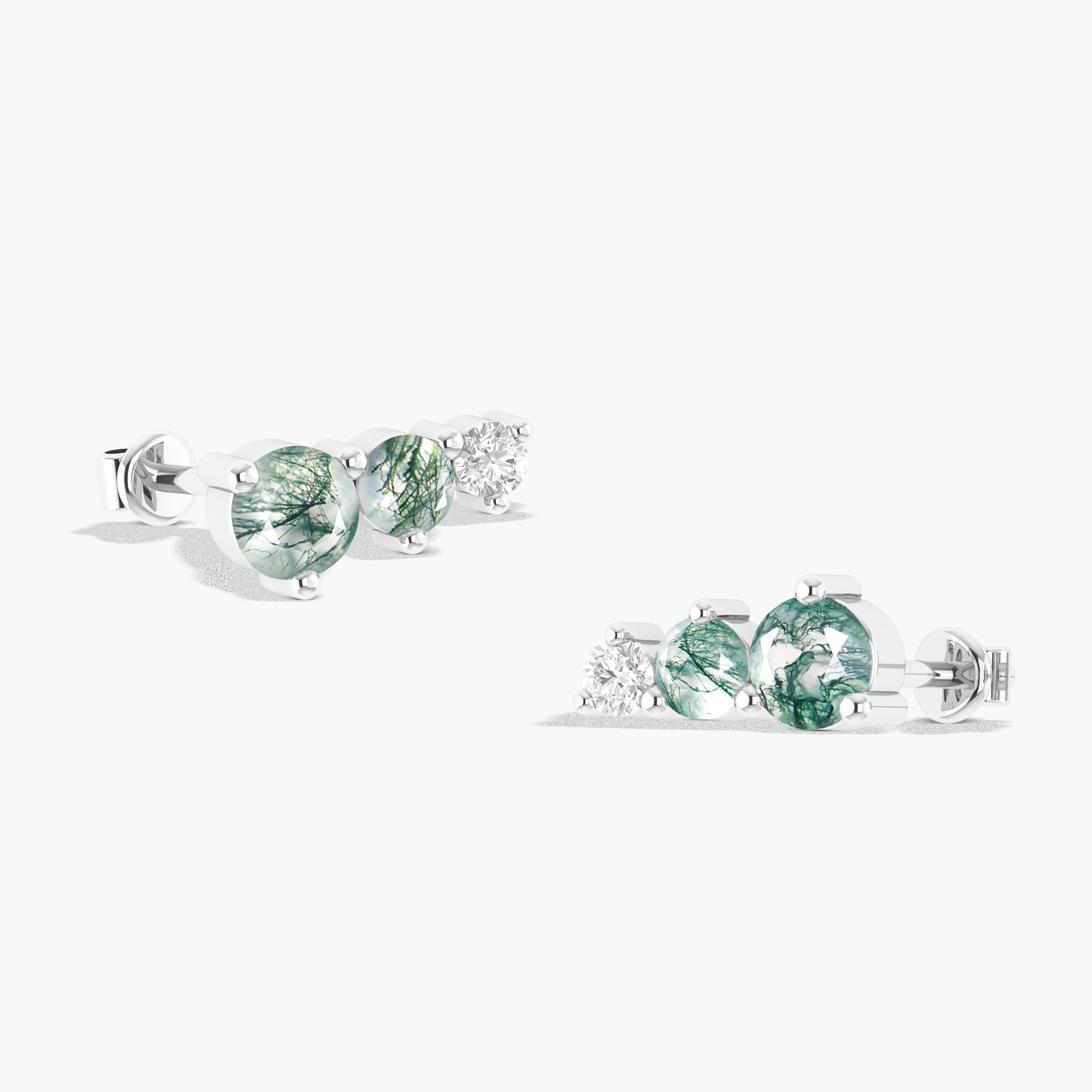 Natural Moss Agate Gemstone Stud Earrings - 3 Round Stone Dangle Earrings for Women | Boho Jewelry for Everyday Wear & Special Occasions