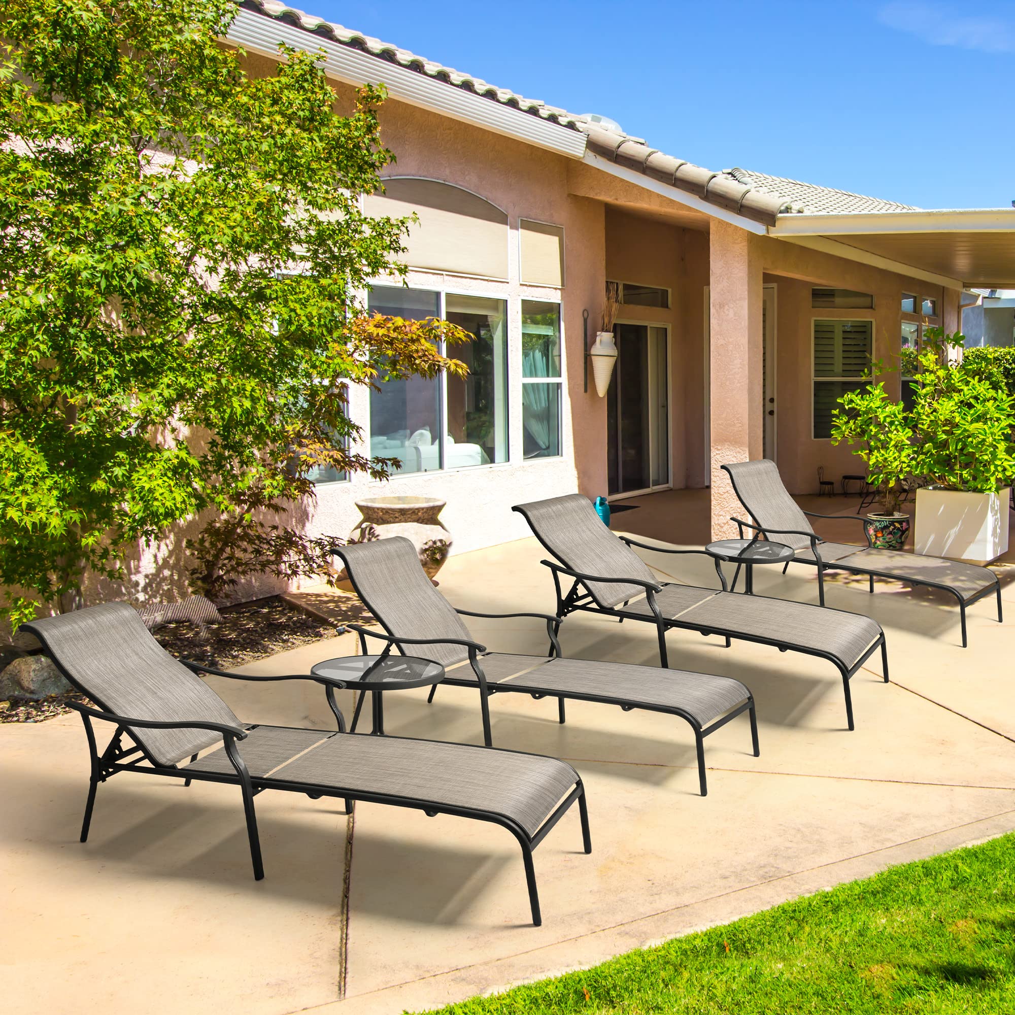 HAPPATIO 6-Piece Patio Chaise Lounge Set with Glass Coffee Table - Breathable Textilene Fabric Outdoor Pool Lounge Chairs (Gray) - Perfect for Backyard, Poolside, and Patio Relaxation