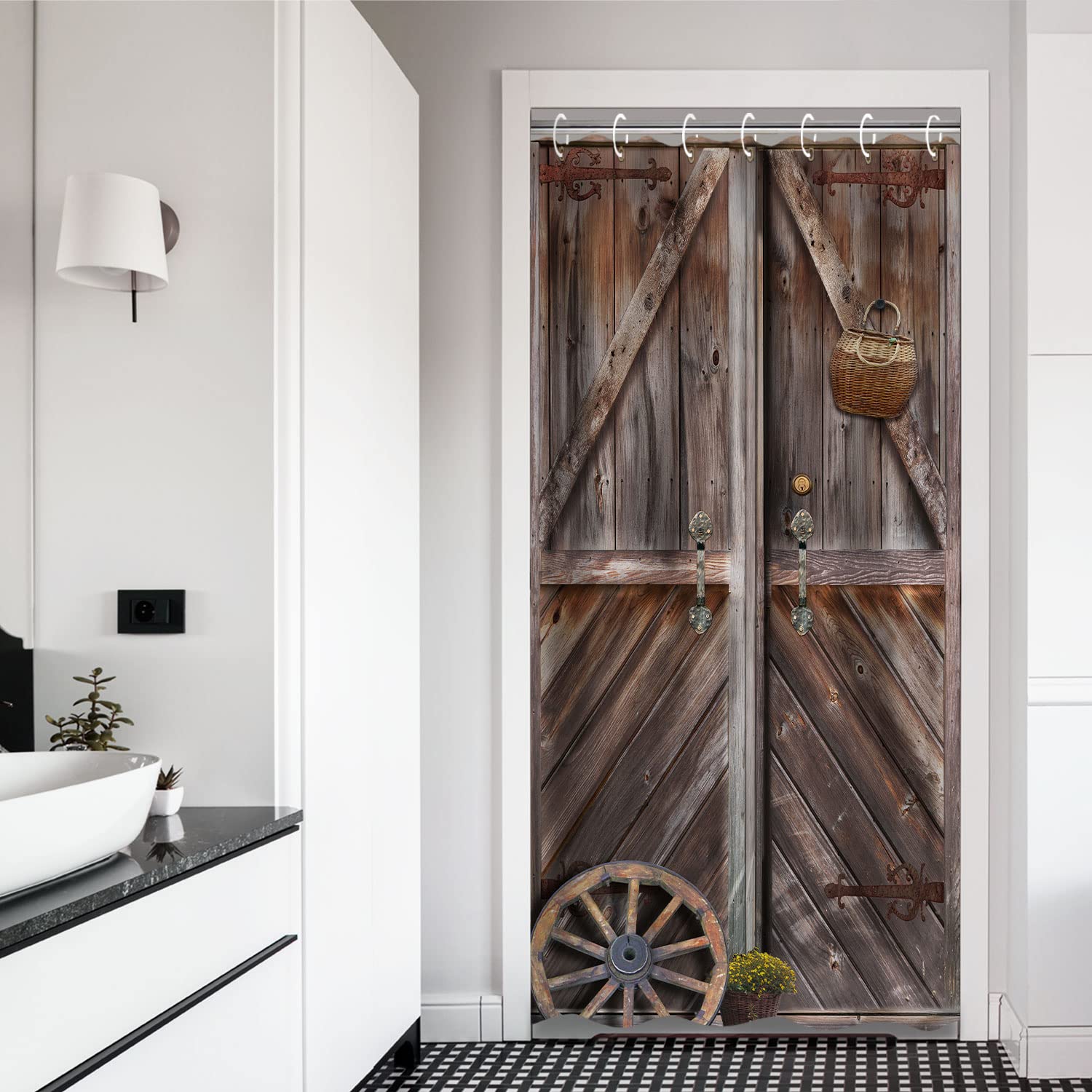 RosieLily Small Shower Curtain 36x72 Inches - Rustic Farmhouse Barn Door Design for Narrow Showers, RV Bathrooms & Half Stall - Includes 10 Hooks (Perfect for Tiny Homes, Campers & Small Bathrooms)