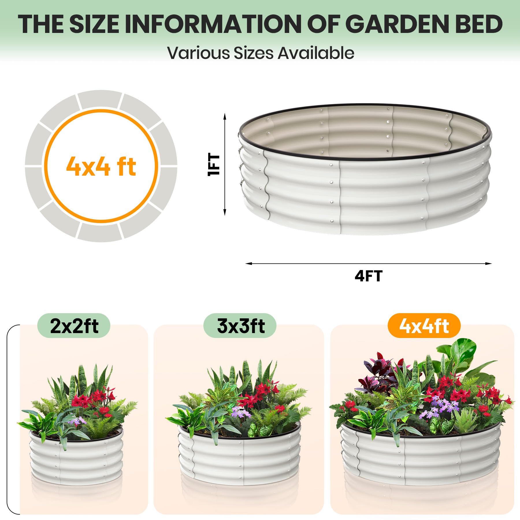 2 Pack 4'x4'x1' Galvanized Steel Round Raised Garden Beds - Heavy Duty Open Bottom Planter for Outdoor Vegetables, Flowers, Herbs - Perfect for Backyard Gardening, Patio Decor & Urban Farming (White)