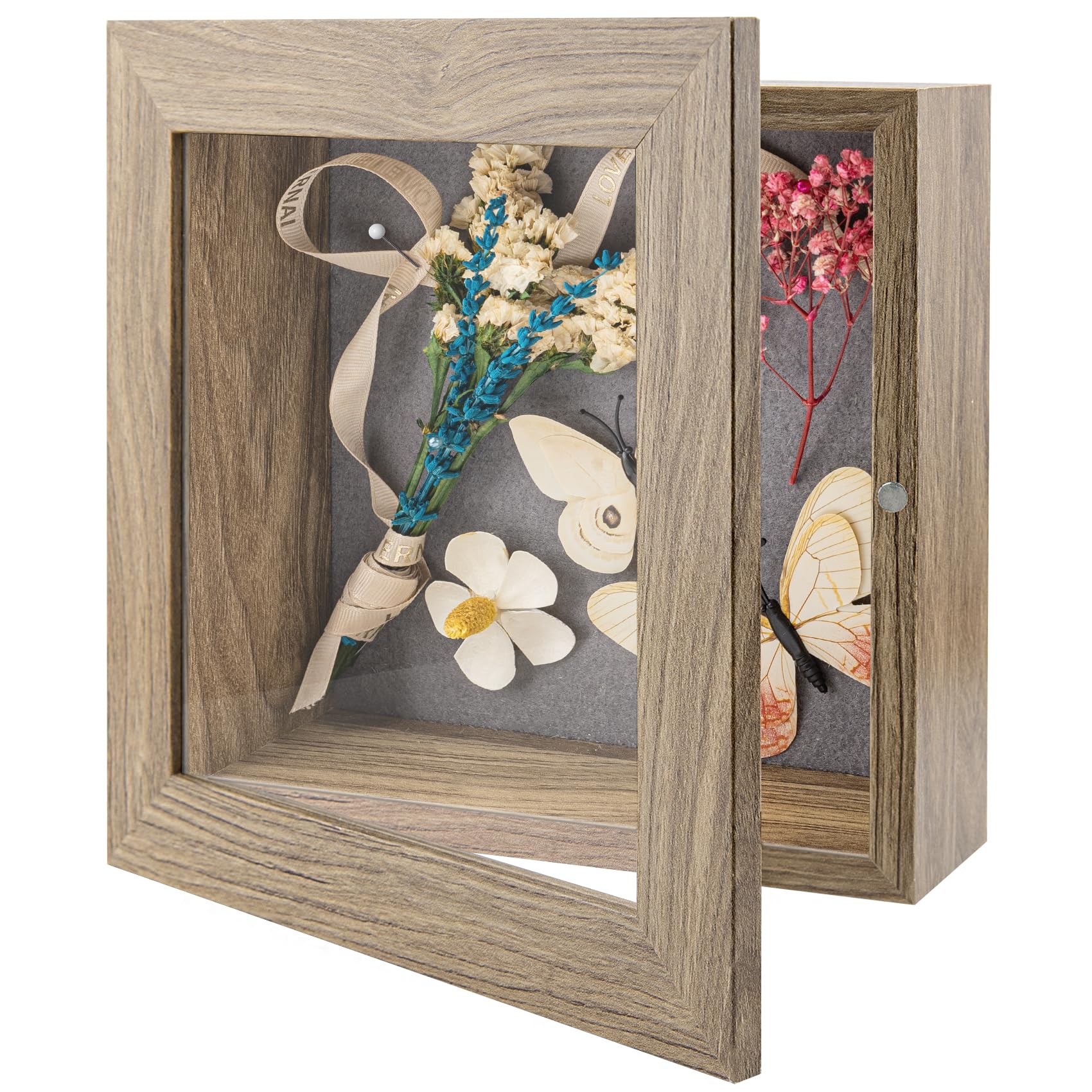 Frametory 8x8 Shadow Box Frame - Front Opening Display Case with 2 Inch Depth for Wall & Tabletop - Memory Keepsake Box with 6 Pins (8x8, Tan) - Perfect for Wedding Mementos, Baby Firsts & Home Decor