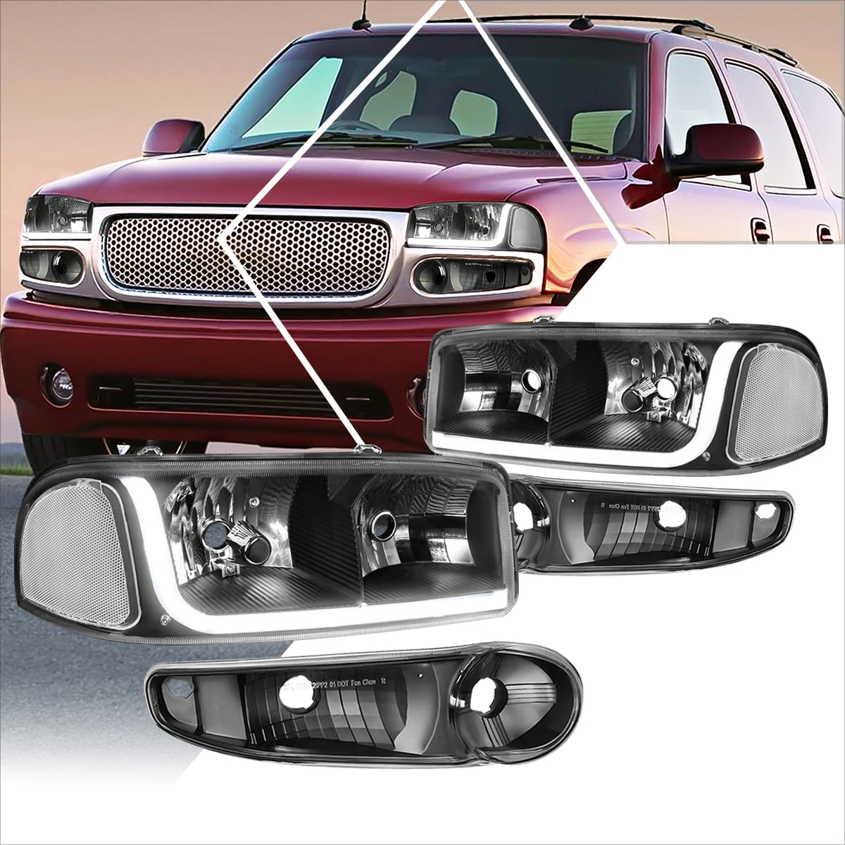 4Pcs LED DRL Headlights Assembly with Bumper Lamps - Compatible with 2001-2007 GMC Sierra & Yukon Denali - Black Housing/Clear Corner - Upgrade for Better Visibility & Style - Perfect for Night Driving & Off-Road Adventures