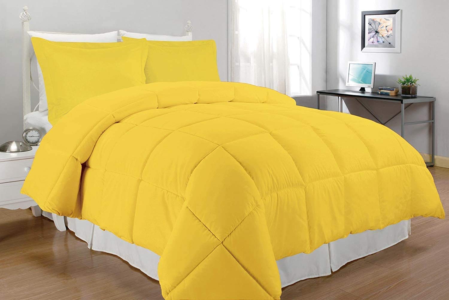 Premium 3-Piece Comforter Set - Ultra Soft All-Season Down Alternative Bedding with 2 Pillow Shams | Quilted Duvet Insert | Machine Washable | Oversize King in Yellow | Perfect for Master Bedrooms, Guest Rooms & Cozy Home Decor