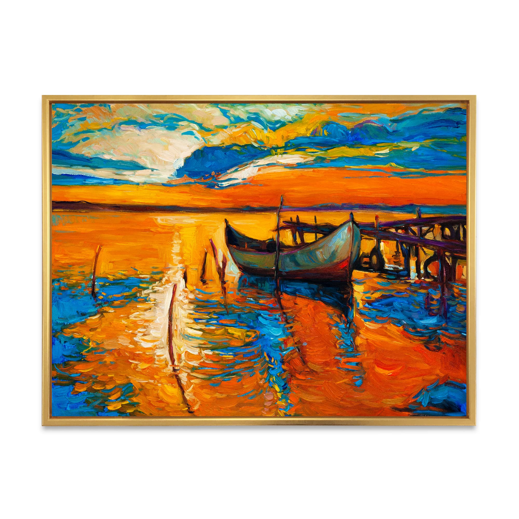 DesignQ Lake Sunset Boat Painting - Nautical & Coastal Framed Canvas Wall Art Print for Living Room, Bedroom, or Office Decor