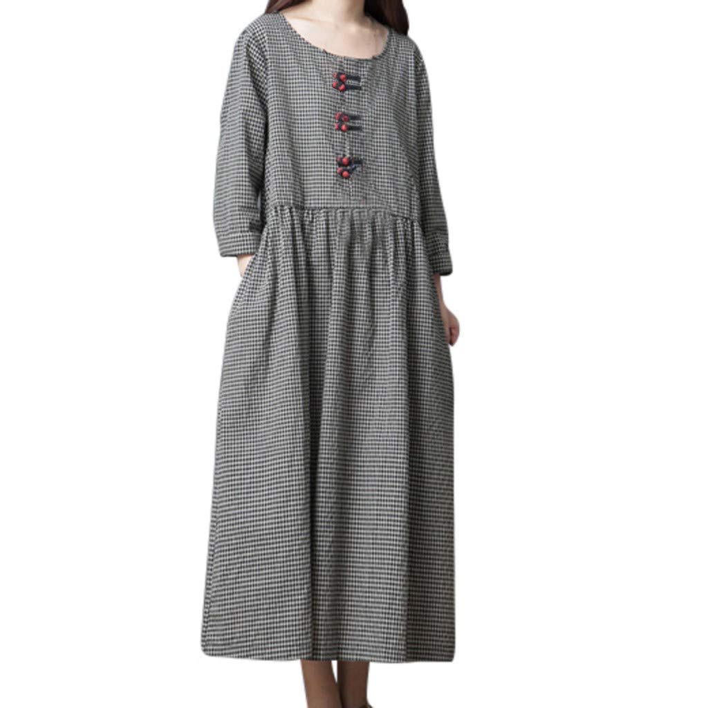 Twoker Checked Long Sleeve Linen Dress for Women - Japanese Style Casual Mini Dress Plus Size - Perfect for Office Wear, Dating, and Summer Outfits