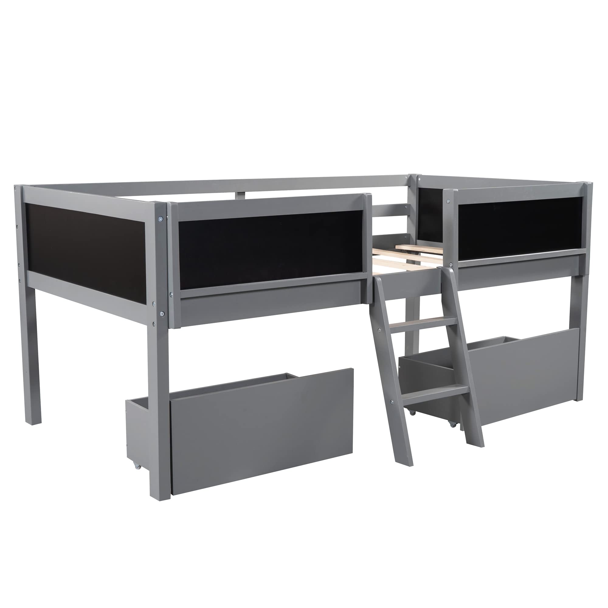 Wooden Twin Loft Bed for Kids with 2 Movable Drawers, Ladder & Chalkboard Guardrail - Space-Saving Gray Bedroom Furniture for Boys & Girls | Perfect for Small Rooms, Dormitories & Kids' Shared Bedrooms