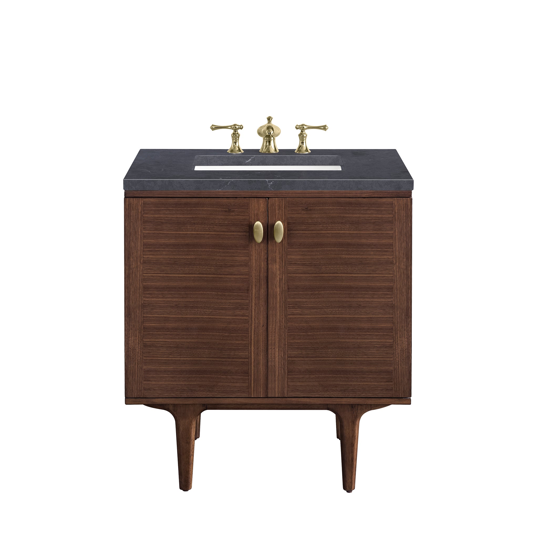 Amberly 30 Inch Single Vanity with Mid Century Walnut Finish & 3CM Charcoal Soapstone Top - Perfect for Bathroom Remodeling and Modern Home Decor