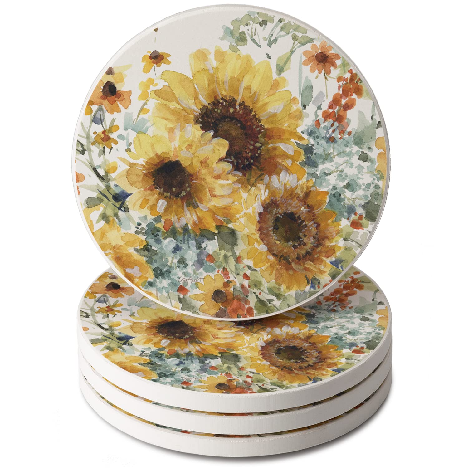 Thirstystone Sunflowers Forever 4-Pack Round Absorbent Stone Coasters with Cork Backing - Handmade in USA, Artistic Design, Easy to Clean - Perfect for Coffee Tables, Bars, and Home Decor