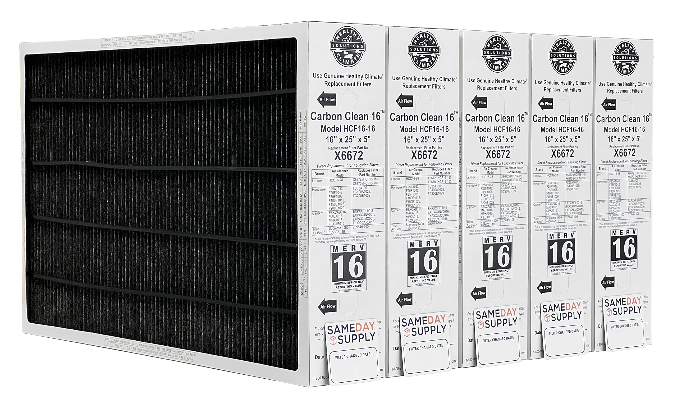 Lennox Healthy Climate X6672 16x25x5 MERV 16 Air Filter 5-Pack - Carbon-Clean Technology for Allergy & Asthma Relief - HVAC Furnace & AC Compatible - Includes Filter Change Reminder Magnet - Perfect for Homes with Pets, Smokers, or High Pollen Areas