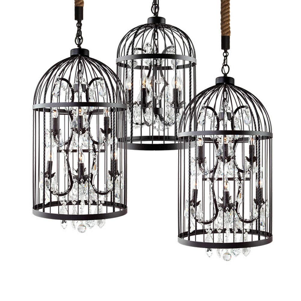 Vintage Industrial 4-Light Pendant Chandelier - Black Bird Cage Ceiling Light with Crystal Accent for Bedroom, Dining Room & Living Room Lighting