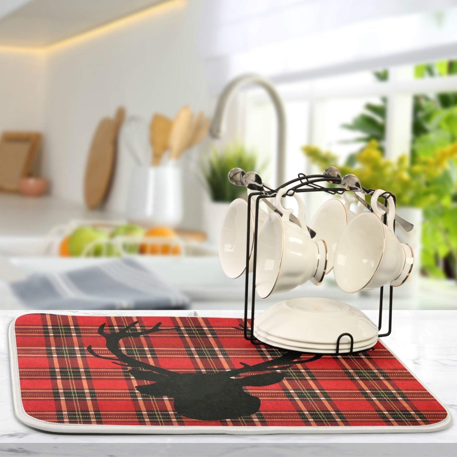 Deer Head Silhouette Kitchen Drying Mat 18x24 Inch - Absorbent Fast Drying Counter Mat with Red Plaid Design - Perfect for Dishes, Utensils & Counter Protection