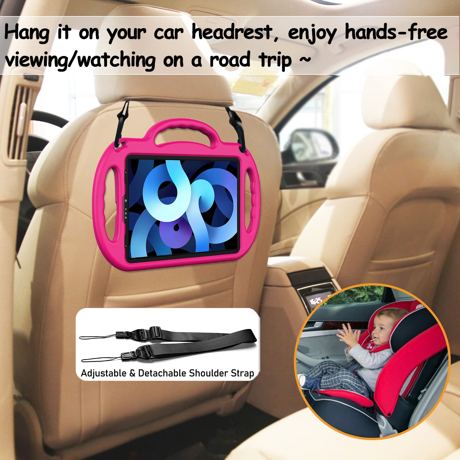 LTROP Kids Shockproof iPad Case for iPad Air 6th/5th/4th Gen & Pro 11 (2024/2022/2020 Models) - Durable Protective Cover with Shoulder Strap, Handle & Stand for 10.9-11 inch Tablets (Rose Pink) - Perfect for School, Travel & Home Learning