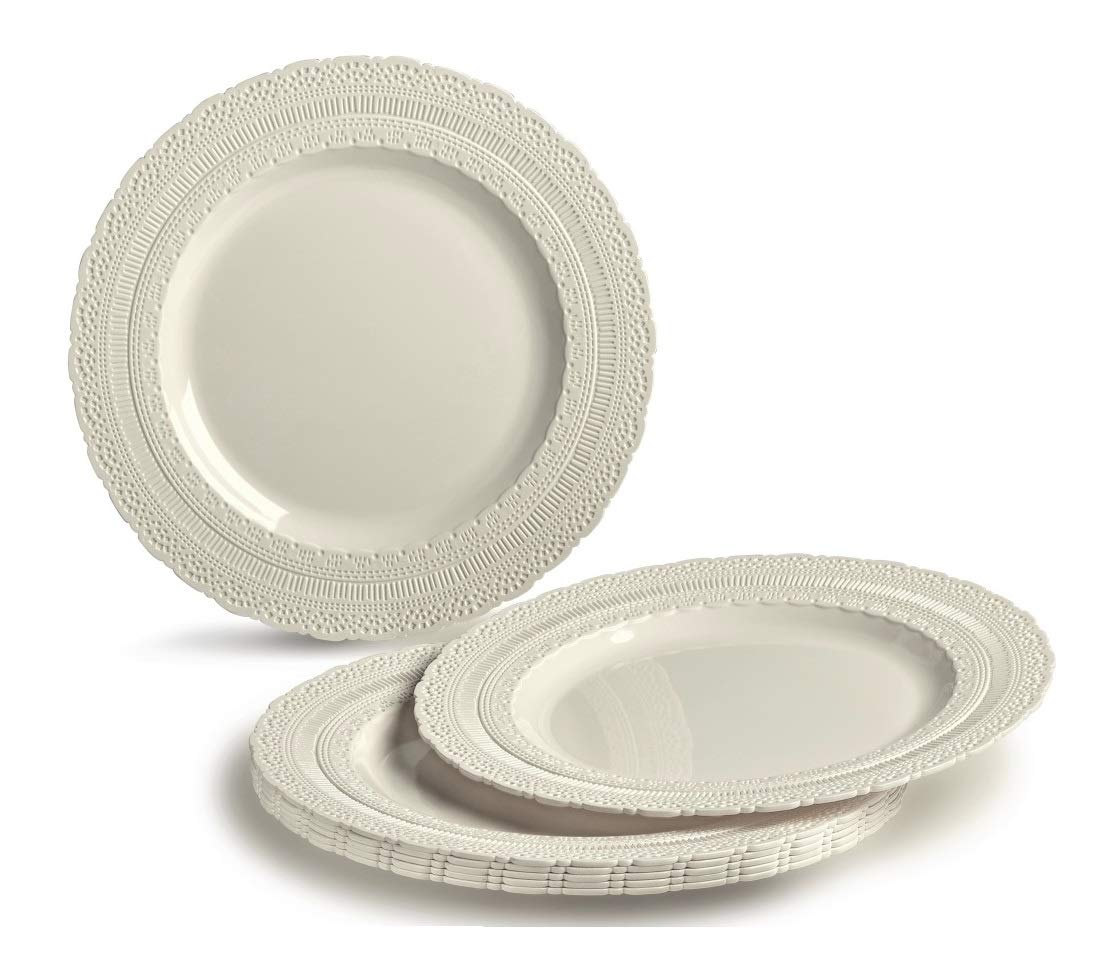 150-Piece Premium Vintage Wedding Dinnerware Set - Heavyweight Disposable/Reusable Plastic Plates (25x11'' + 25x8.25'') + Silverware - Ivory Chateau Collection for Wedding, Party & Special Events