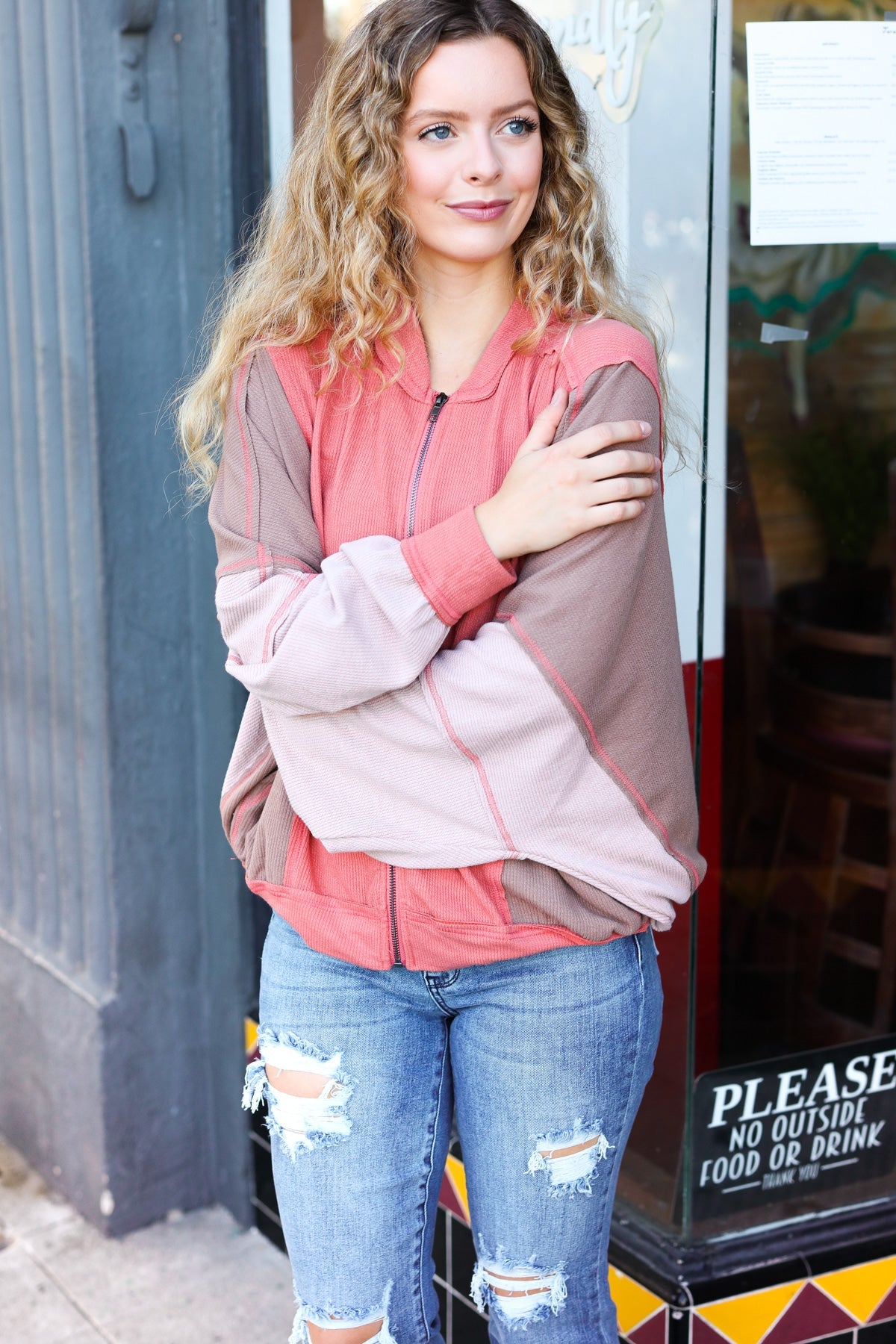 Boldy You Women's Camel Dolman Sleeve Colorblock Knit Bomber Jacket | Cozy Fall Outerwear for Casual Outings & Street Style Fashion