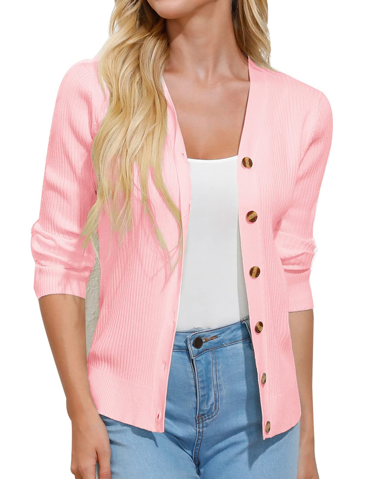 GRACE KARIN Women's Button Down V-Neck Long Sleeve Rib Knit Cardigan Sweater | Soft Stretchy Open Front Knitwear | Perfect for Office, Date Night & Fall Layering