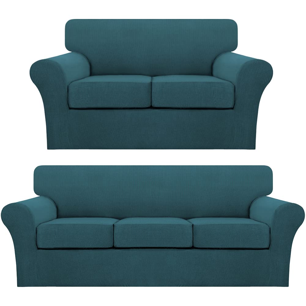 Turquoise Deep Teal Sofa Cover Set - 3 Seater Couch Cover & 2 Seater Loveseat Slipcover - Stretchable Furniture Protector for Living Room, Bedroom, or Office Decor