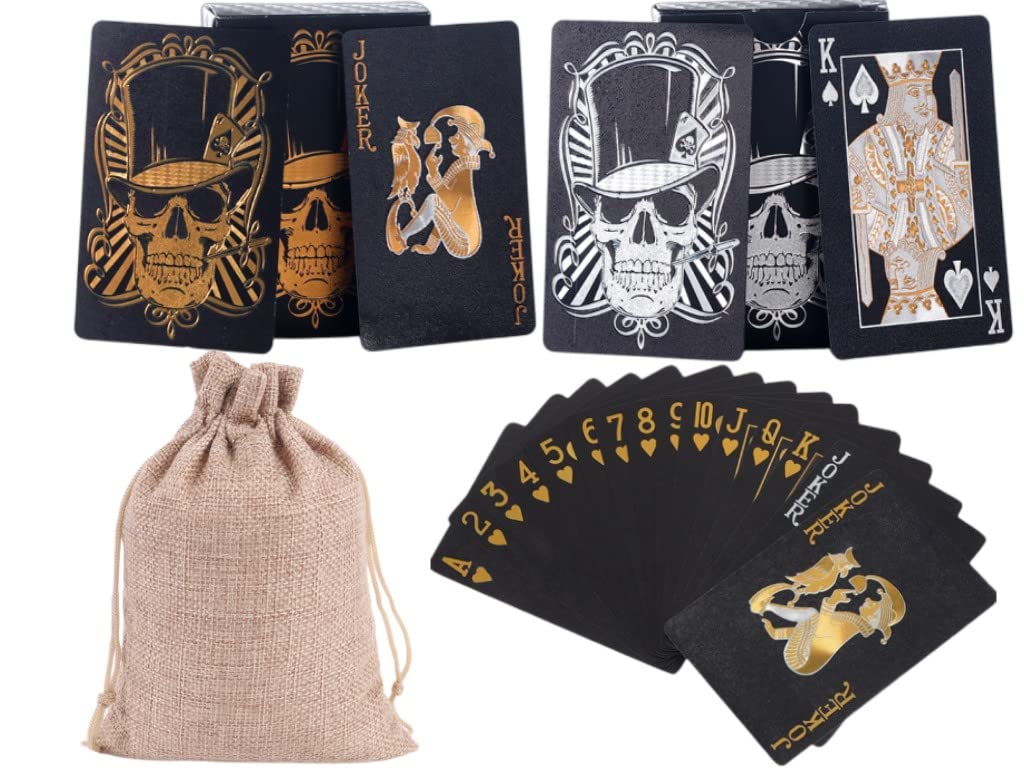 2 Pack Black Skull Poker Playing Cards - Waterproof Plastic with Gold Foil, Highly Flexible (2 Decks + Storage Bag) - Perfect for Poker Nights, Magic Tricks & Halloween Parties