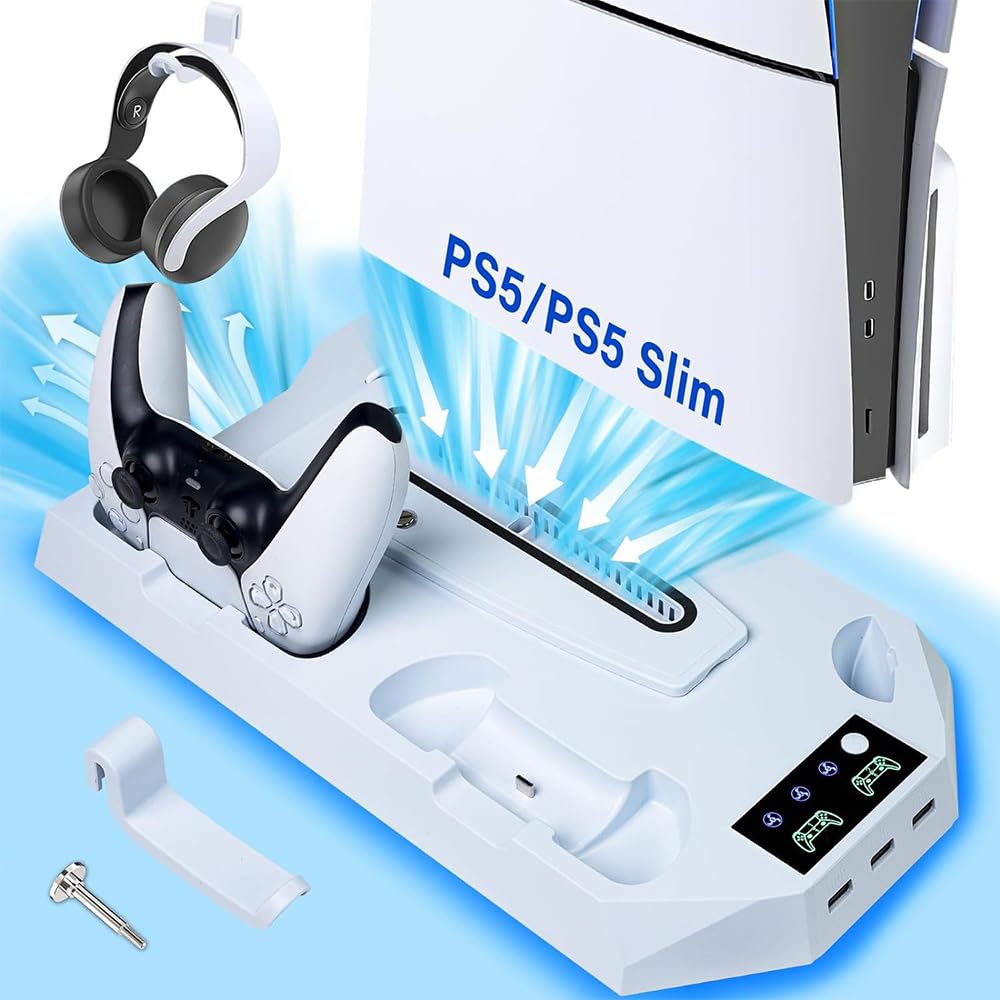 PS5 Stand with Cooling Fan, RGB Lights, Dual Controller Charger, Headset Holder & 15 Game Slots – Vertical Stand for PS5 Disc, PS5 Slim & Digital Edition – Perfect for Gaming Setup & Entertainment Center