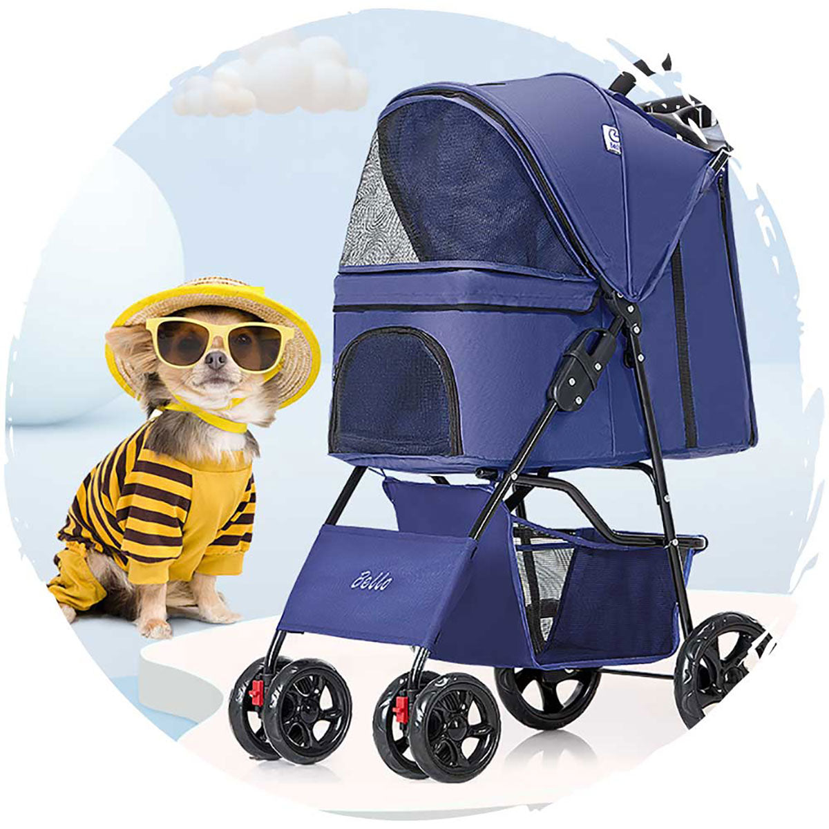 BELLO Classic 4-Wheel Foldable Dog Stroller for Small to Medium Pets (Up to 15kg/33lbs) - Perfect for Outdoor Walks, Shopping & Vet Visits