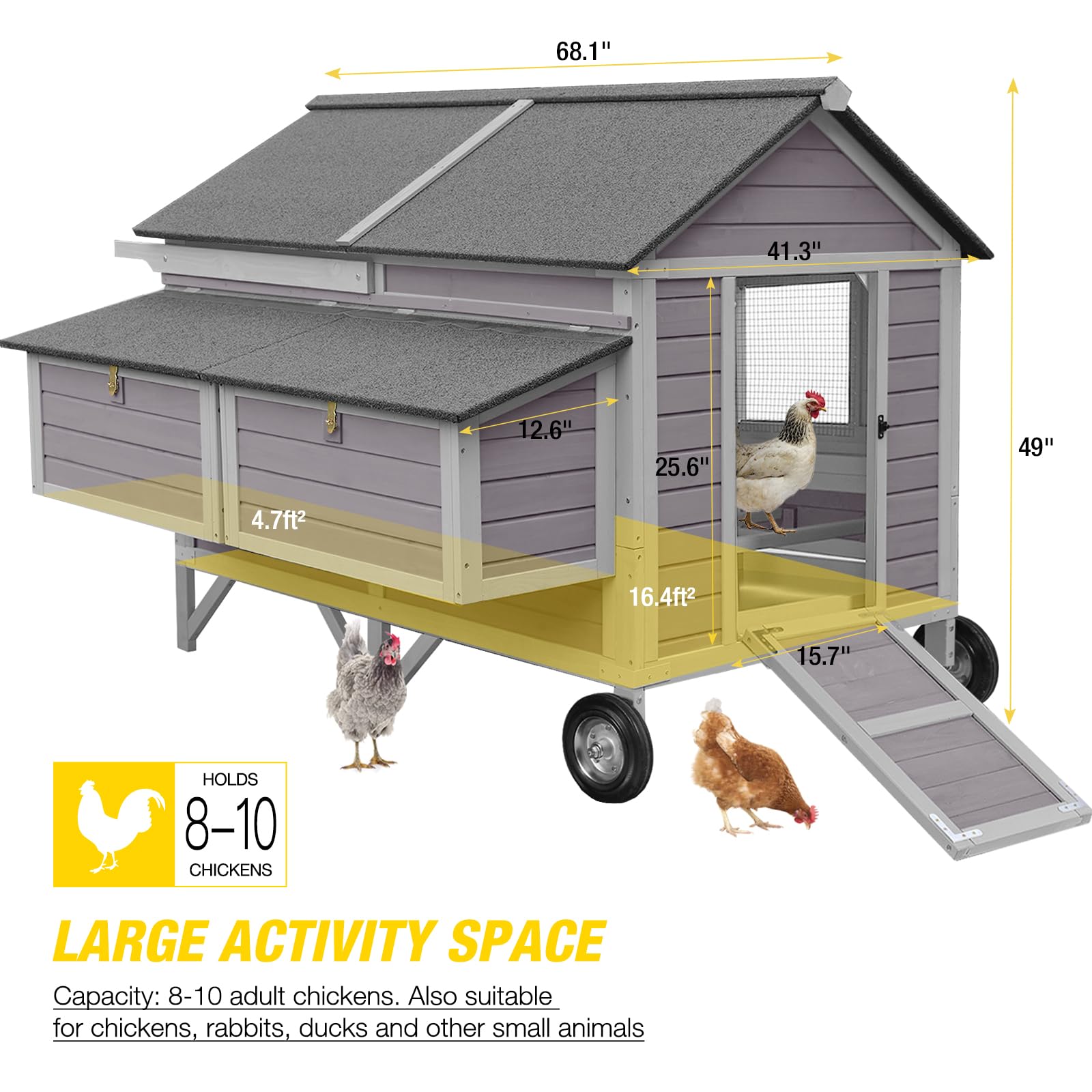Aivituvin Mobile Chicken Coop - Large Wooden Hen House with Nesting Box & Strong Iron Frame | Durable Waterproof Poultry Cage for Backyard, Farm, or Homestead Use | Perfect for Raising Chickens, Ducks & Small Animals