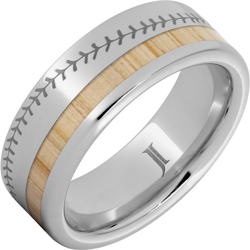 National Pastime Collection™ Serinium® Ring with White Ash Vintage Baseball Bat Wood Inlay & Stitch Engraving - Perfect Gift for Baseball Fans & Sports Enthusiasts